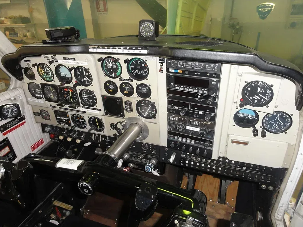 Cockpit and instrument panel of a 1966 Beechcraft Debonair.