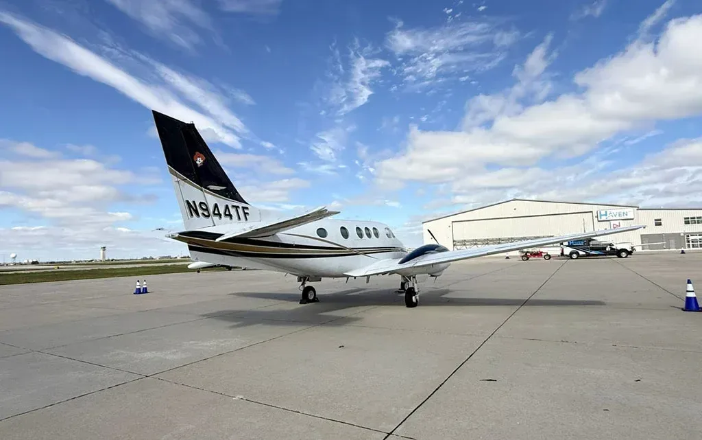 Exterior view of a 1976 Beechcraft King Air, N944TF.