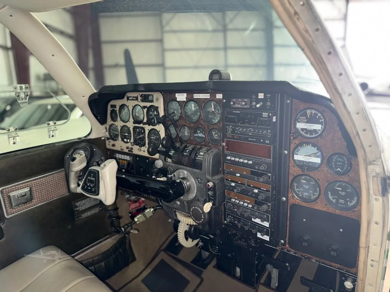 Cockpit and instrument panel of a 1973 BEECHCRAFT B55 BARON.