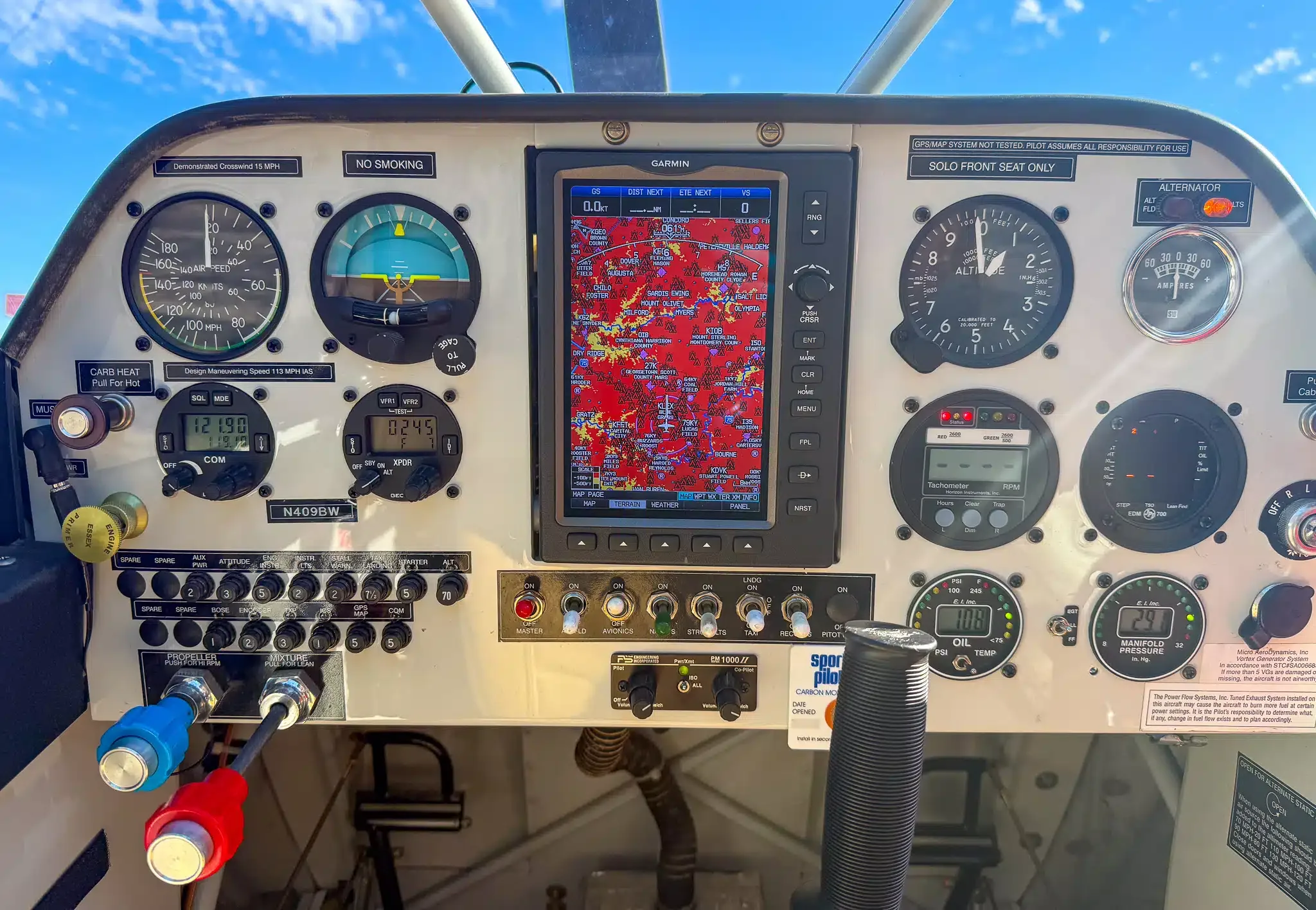 Cockpit and instrument panel of a 2010 Aviat A-1C Husky.
