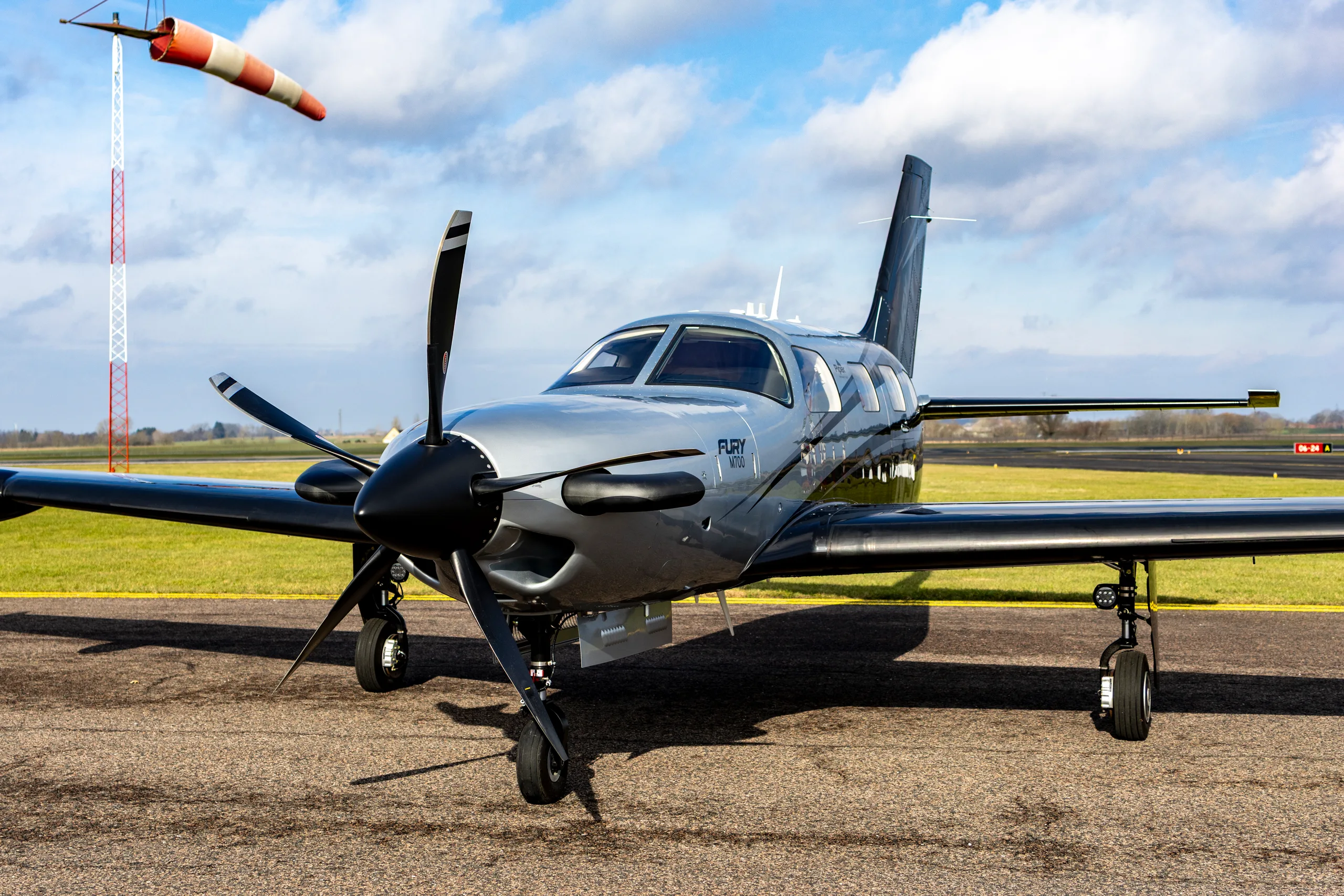 Exterior view of a 2025 Piper M700 Fury, N92FY.