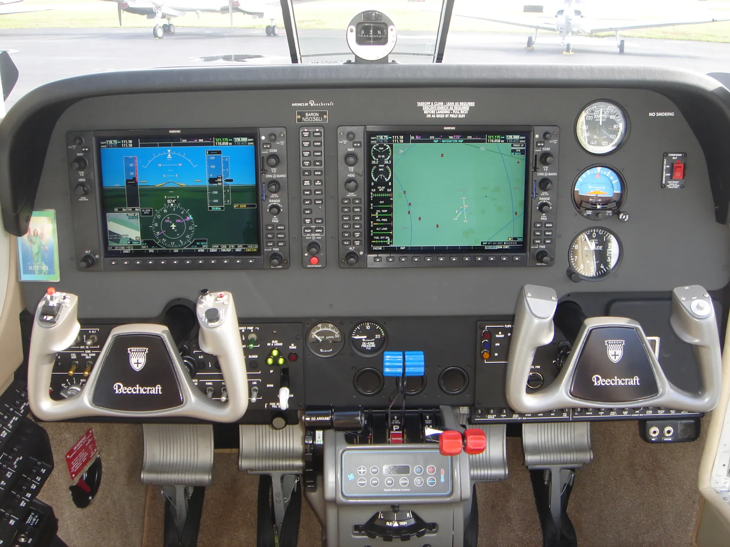 Cockpit and instrument panel of a 2013 Beechcraft Baron G58.