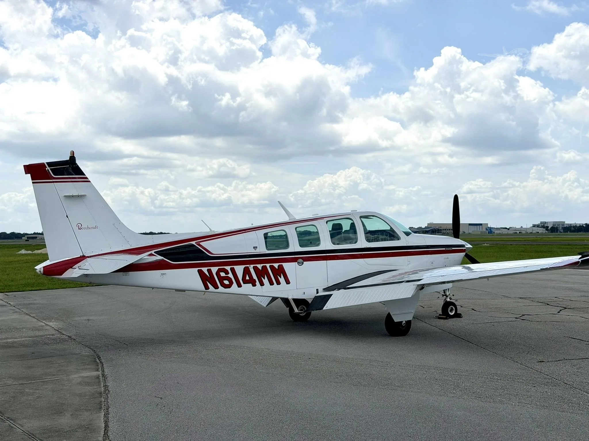 Exterior view of a 1980 BEECHCRAFT A36 BONANZA, N614MM.