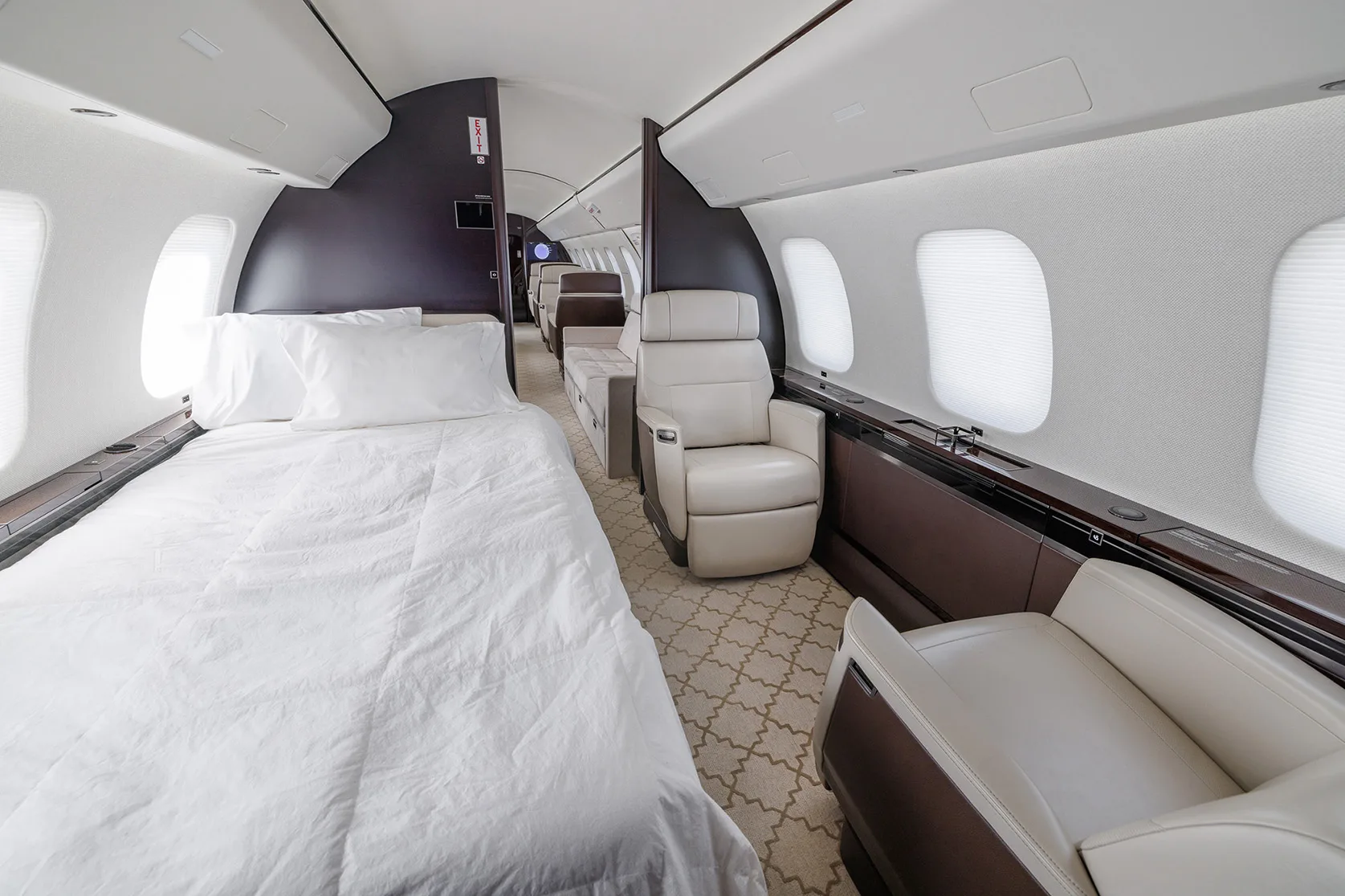 Cabin interior of a 2019 Bombardier global 7500.
