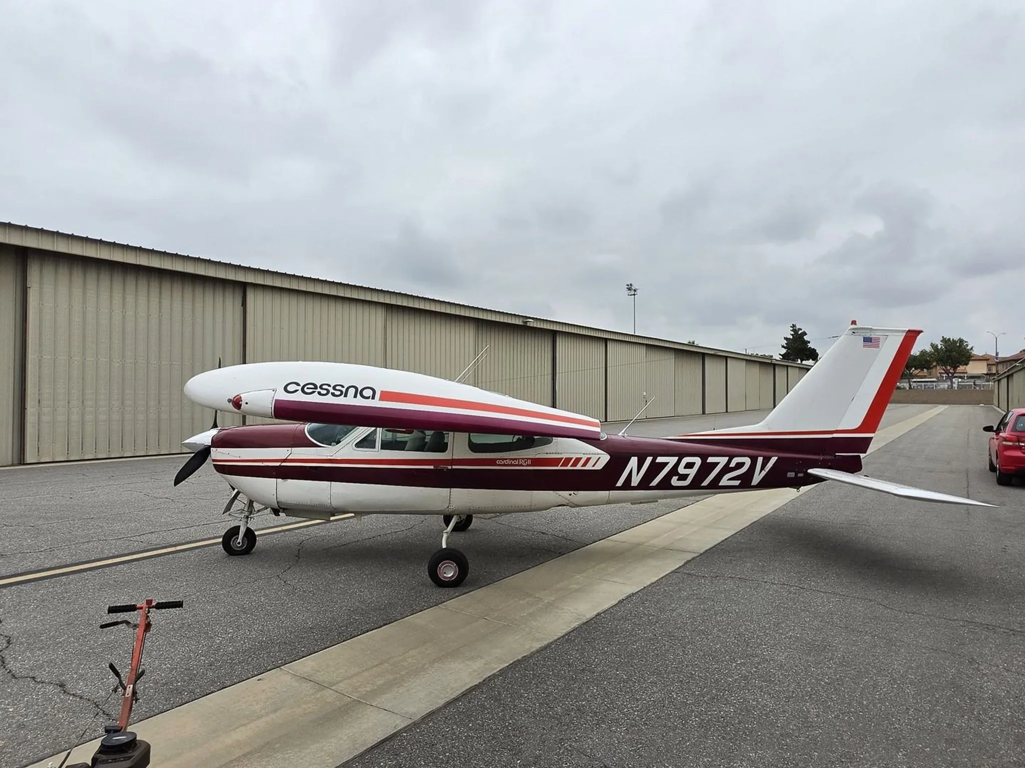 Exterior view of a 1976 CESSNA 177RG, N7972V.