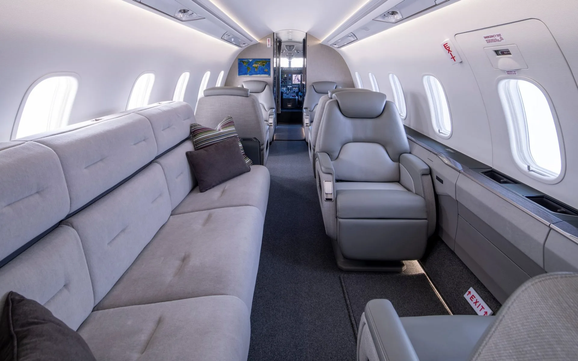 Cabin interior of a 2022 Bombardier challenger 350.
