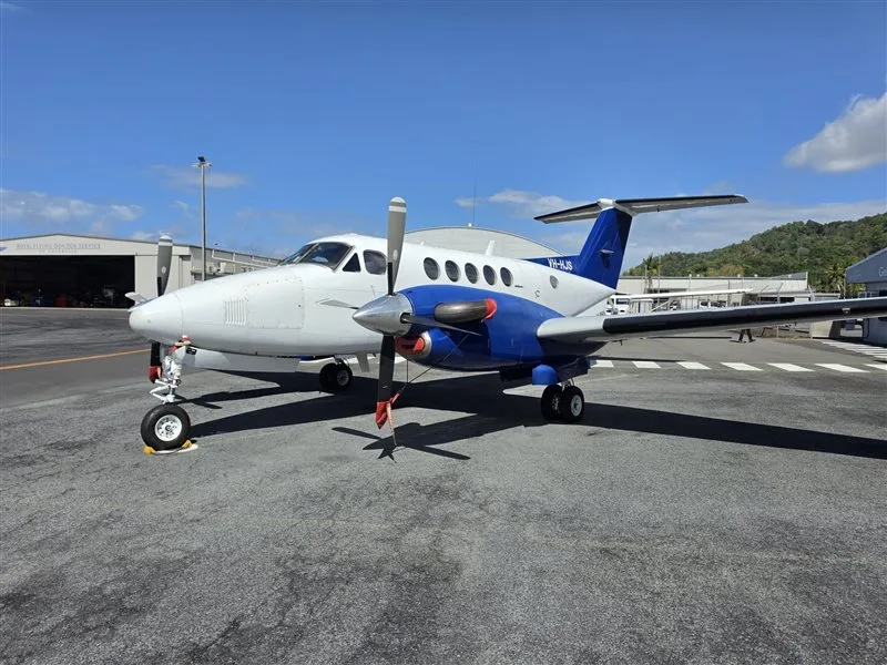 Exterior view of a 1984 Beechcraft King Air B200, VH-HJS.