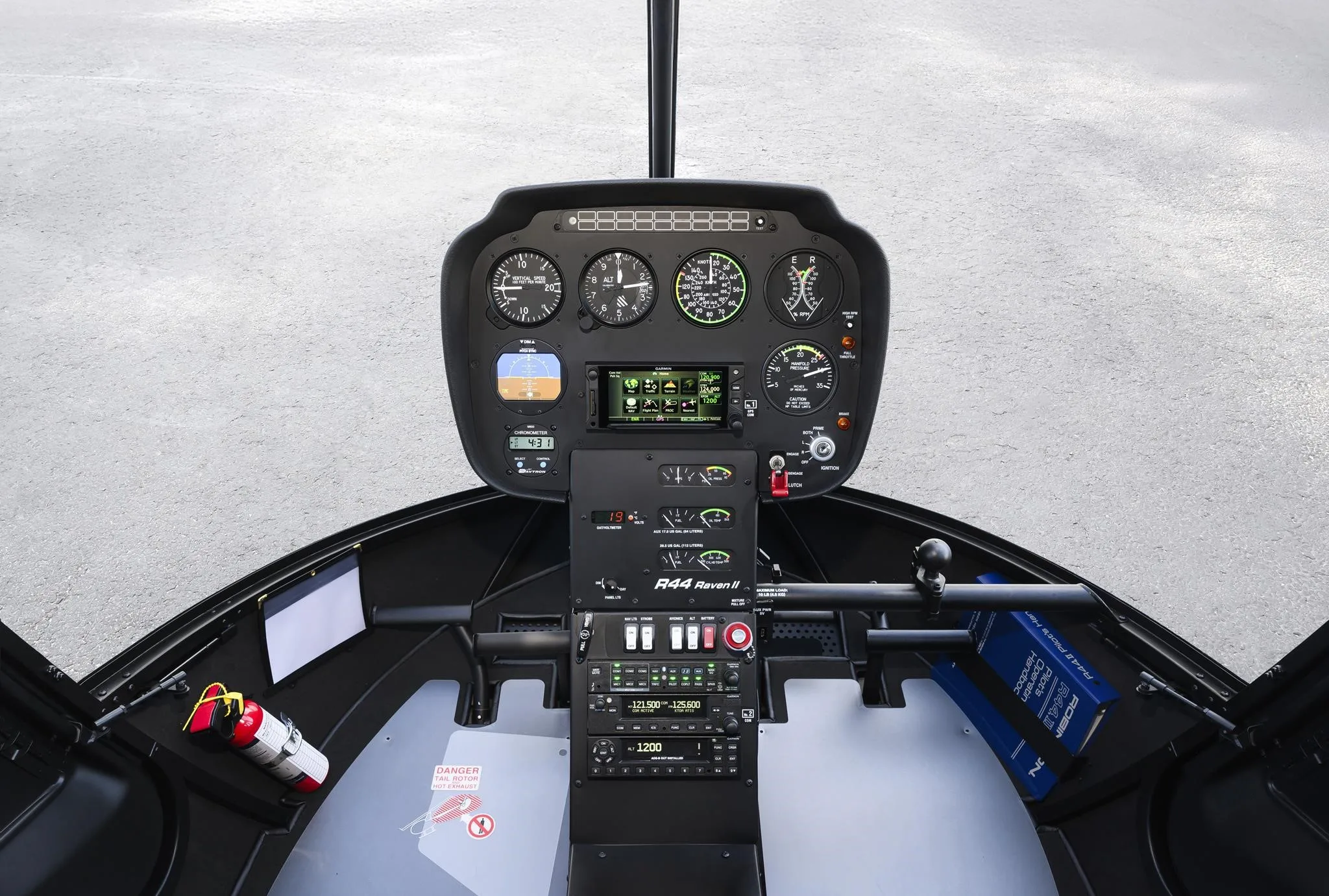 Cockpit and instrument panel of a 2026 ROBINSON R44 RAVEN II.