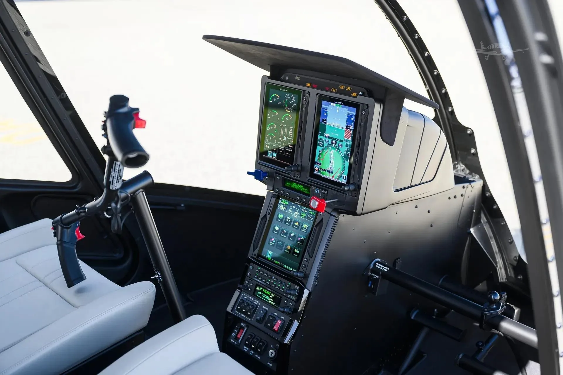 Cockpit and instrument panel of a 2027 ROBINSON R66 NXG.