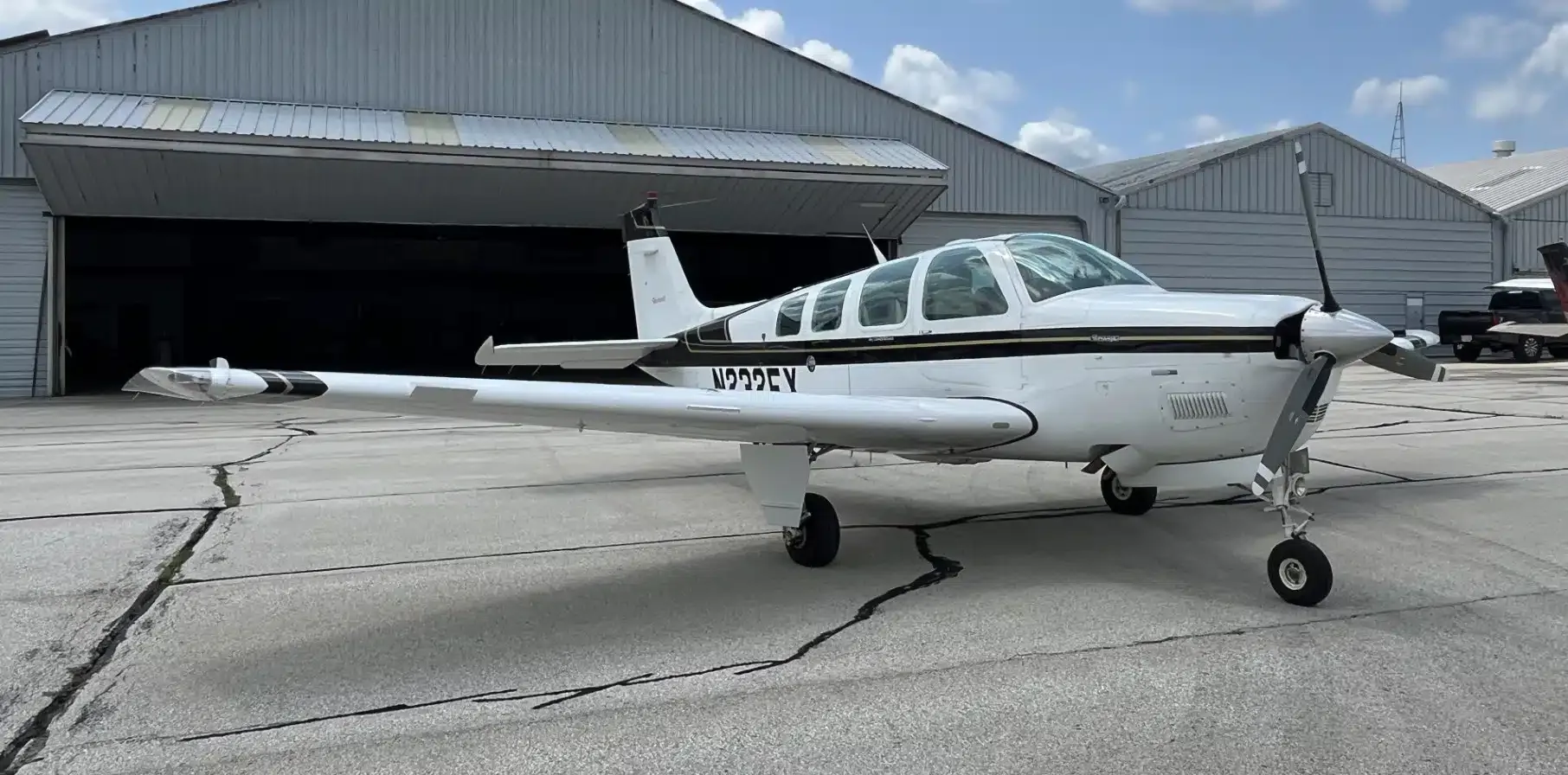 Exterior view of a 1980 Beechcraft Bonanza A36TC, N3807X.