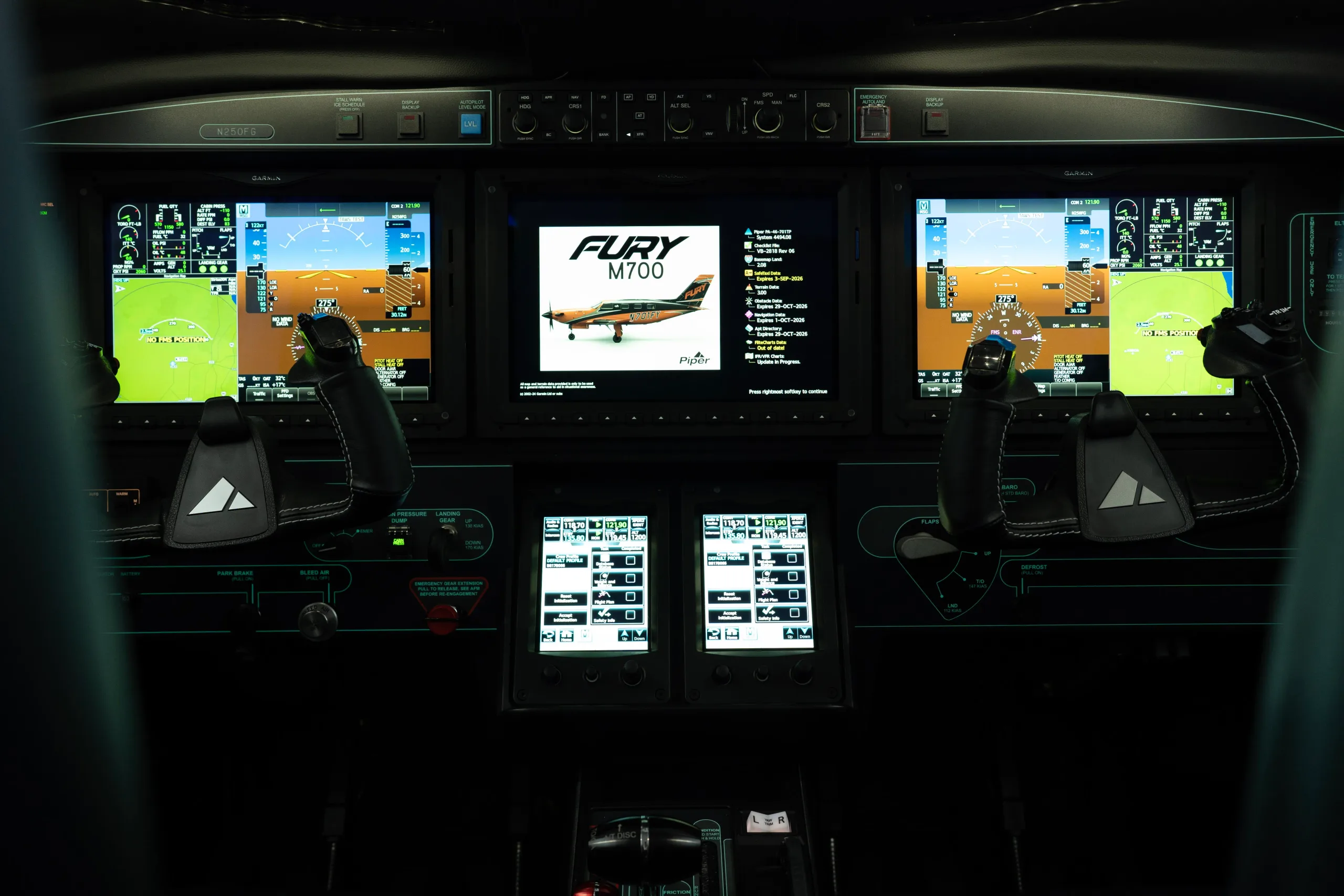 Cockpit and instrument panel of a 2026 Piper M700 Fury.