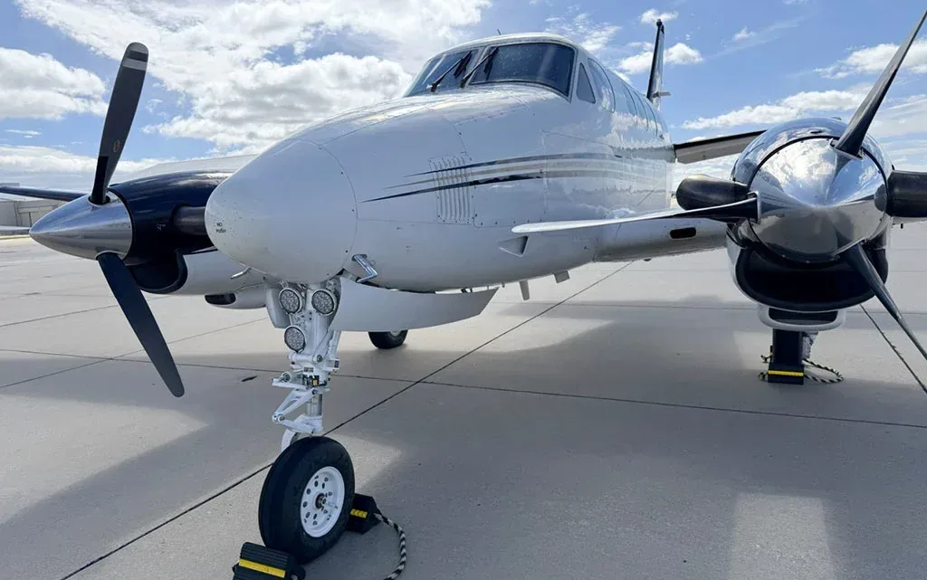 Exterior view of a 1976 Beechcraft King Air, N944TF.