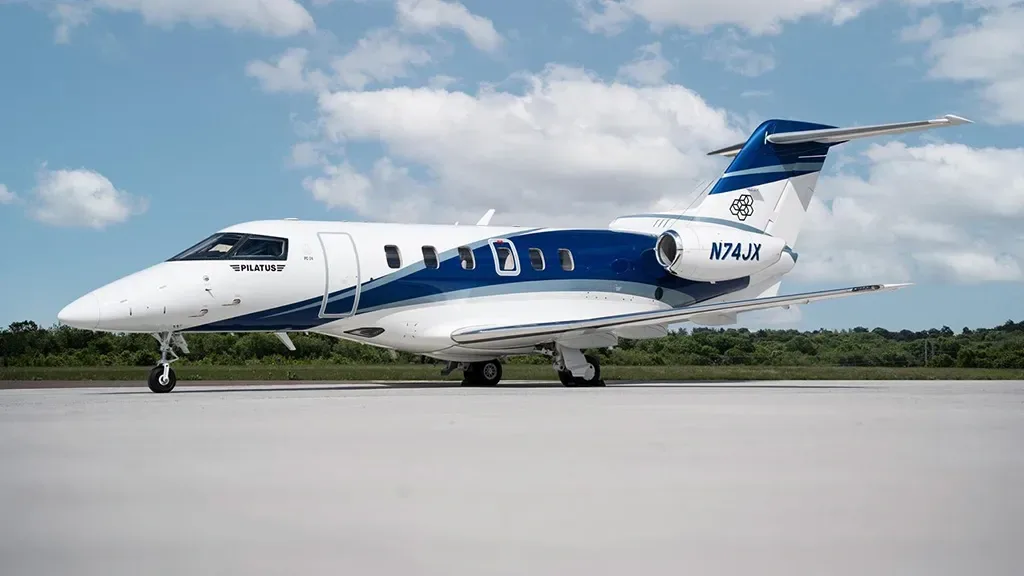 Exterior view of a 2018 Pilatus PC-24, N74JX.