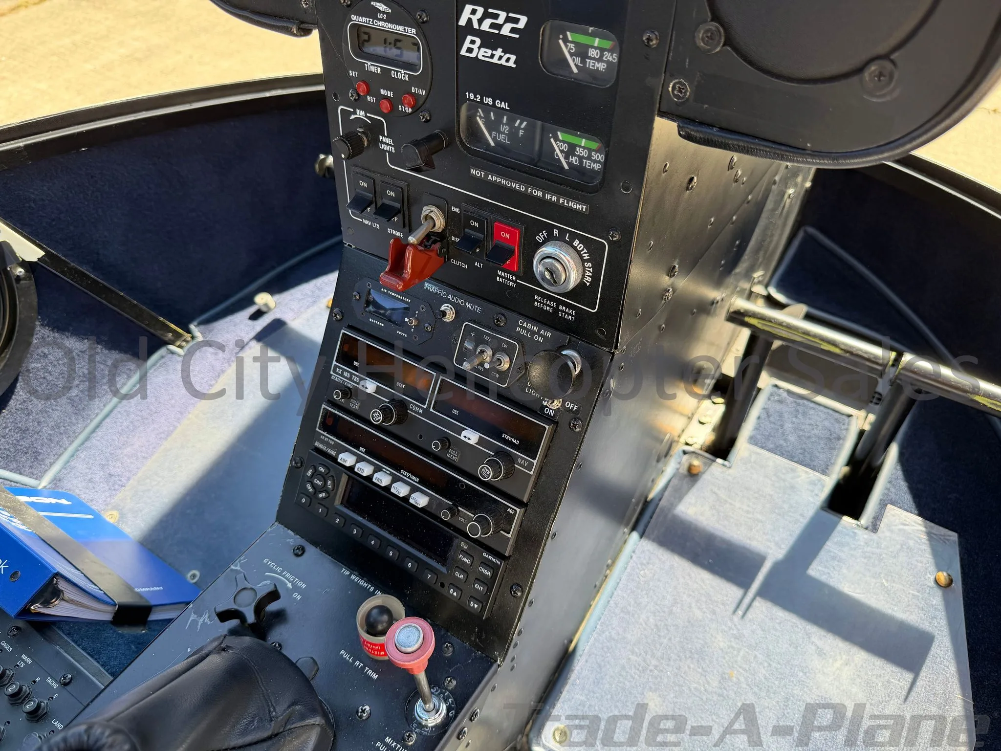 Cockpit and instrument panel of a 1989 ROBINSON R22 BETA.