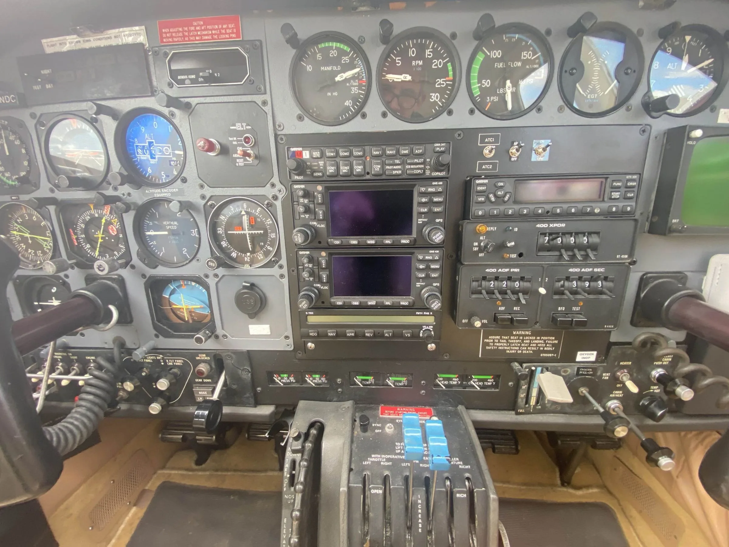Cockpit and instrument panel of a 1982 Cessna T303 Crusader.