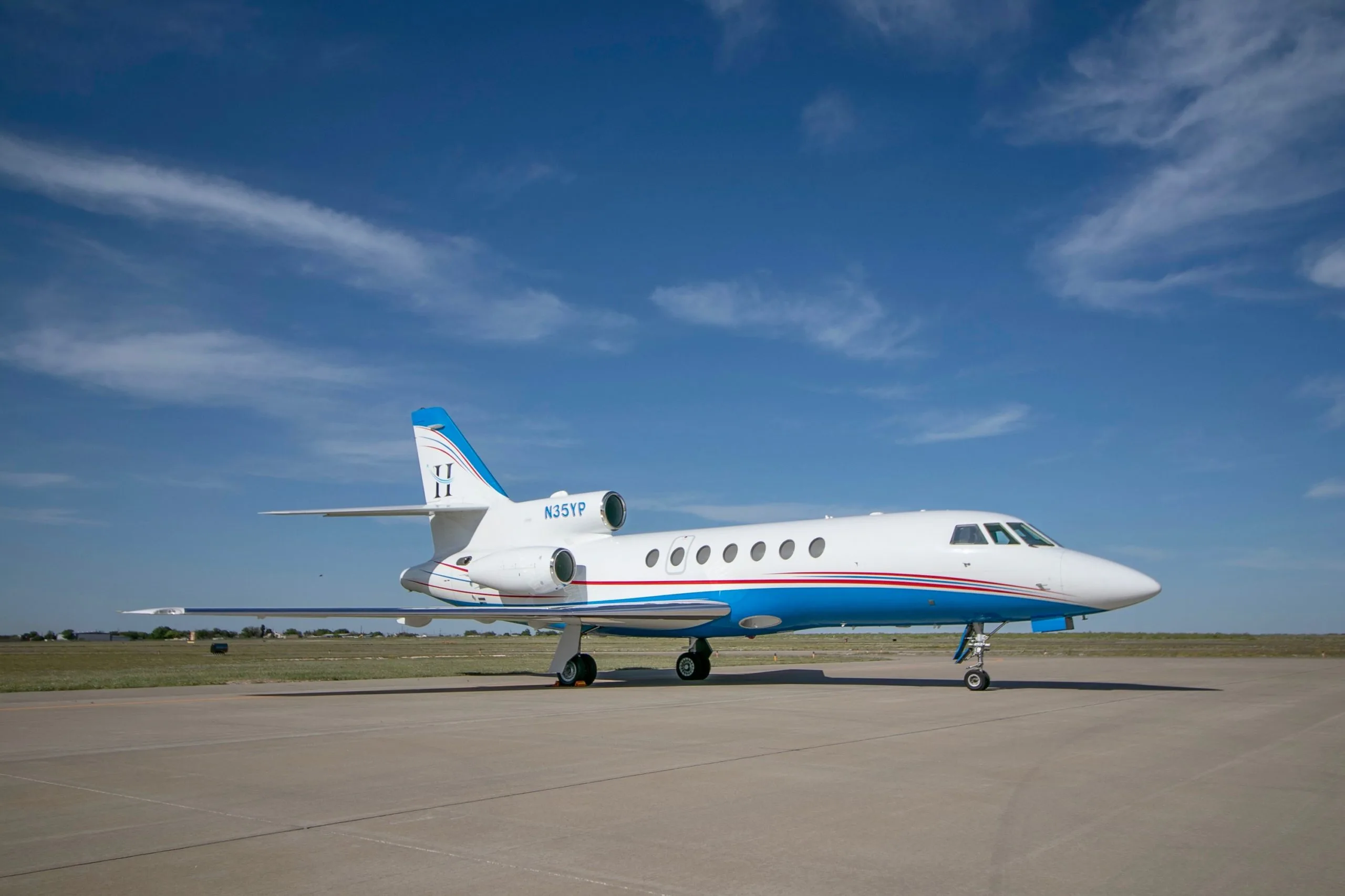 Exterior view of a 1981 Dassault Falcon 50 SN 50-035, N35YP.