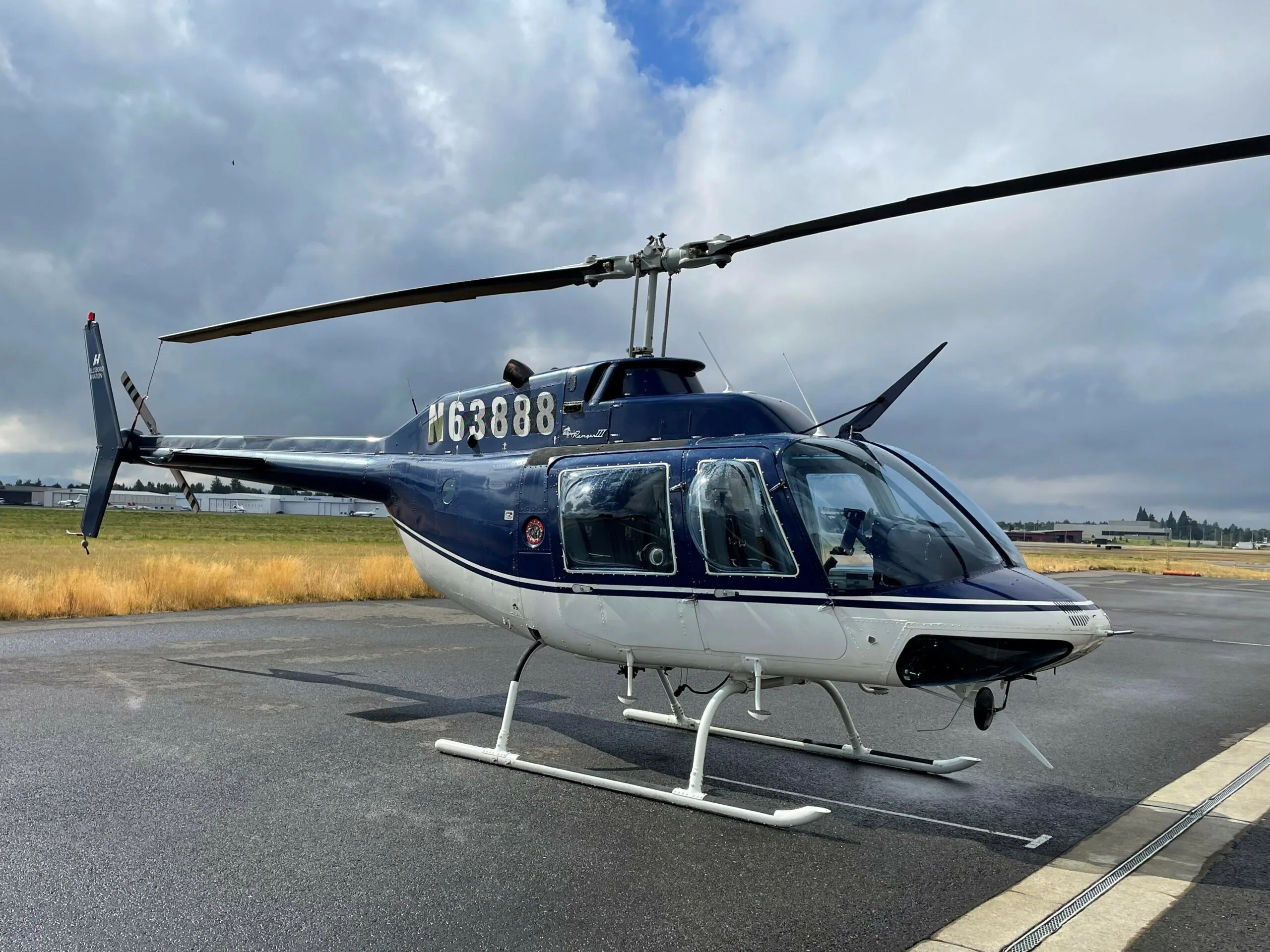 Exterior view of a 1987 Bell 206B3, N63888.