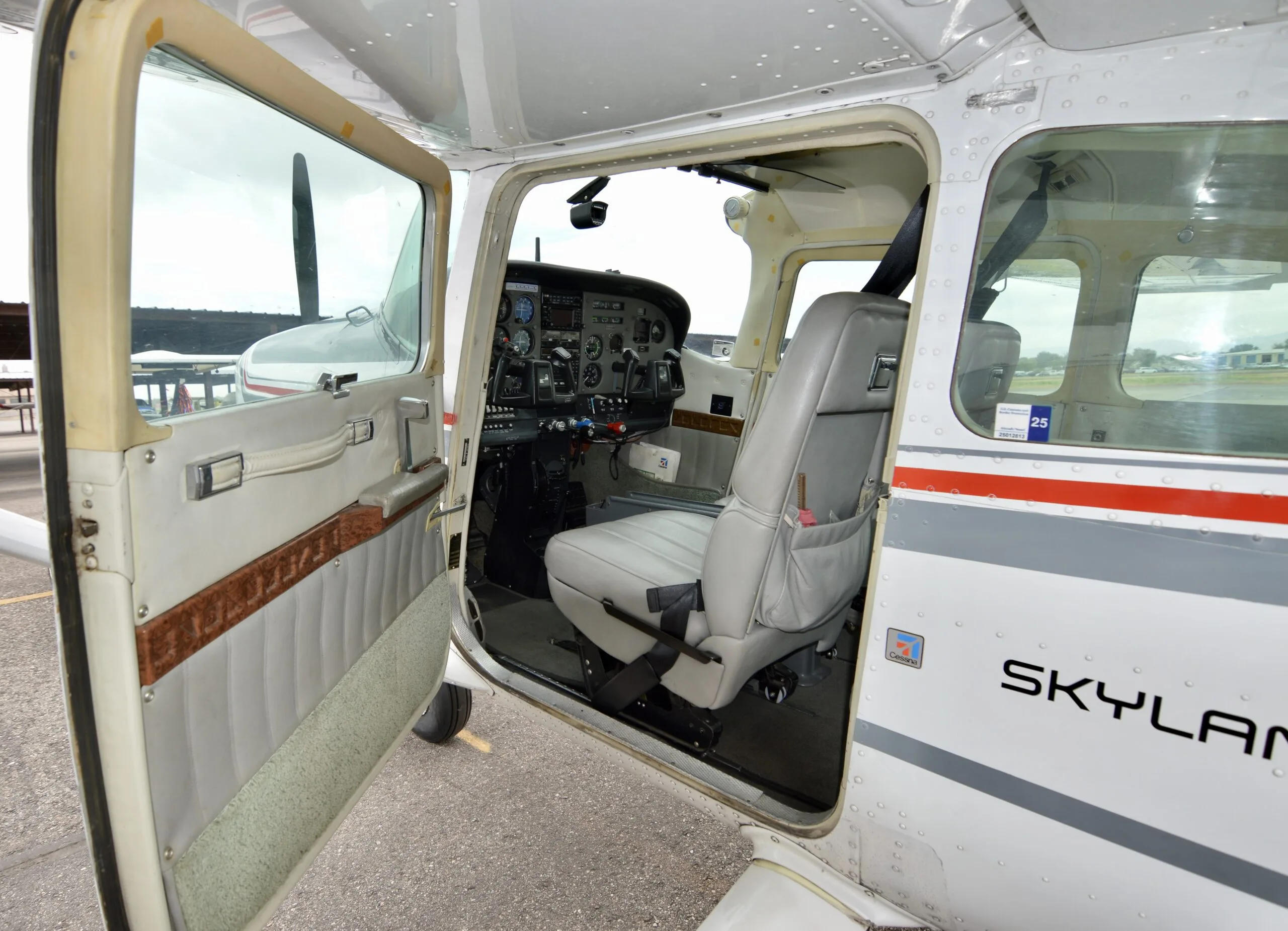 Exterior view of a 1985 Cessna Turbo T182, N34FC.