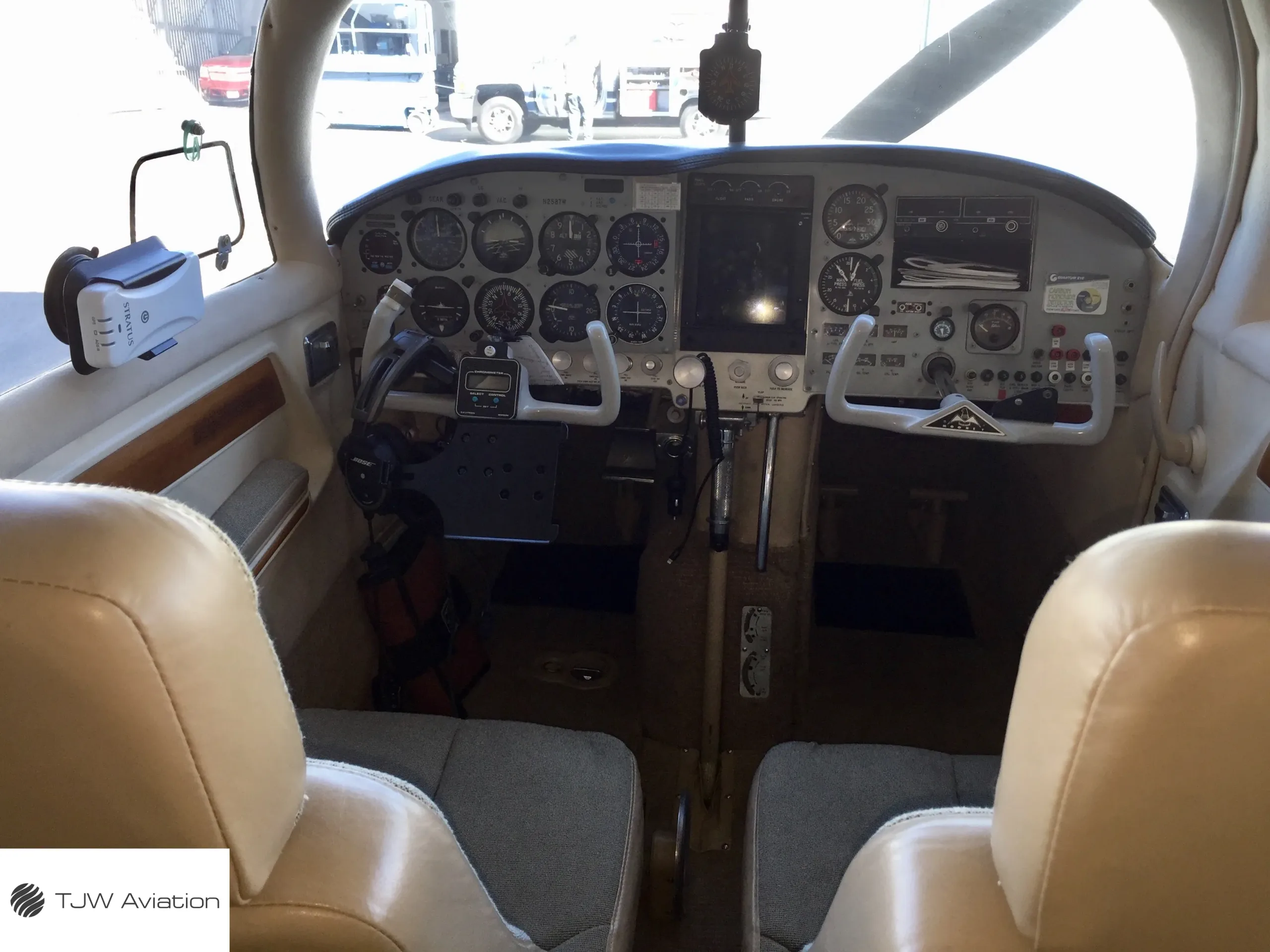 Cockpit and instrument panel of a 1966 Mooney M20C.