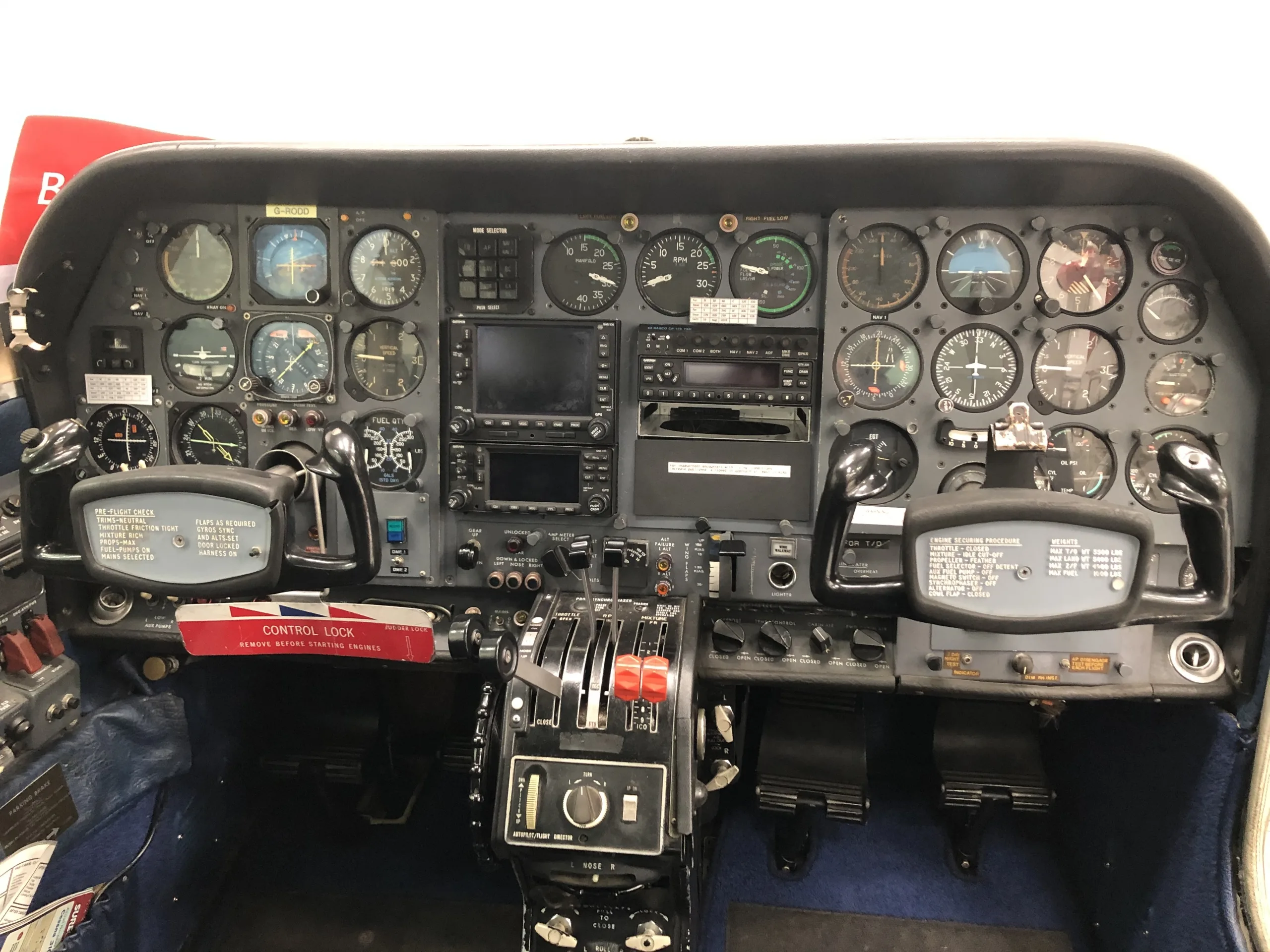 Cockpit and instrument panel of a 1971 Cessna F177RG.