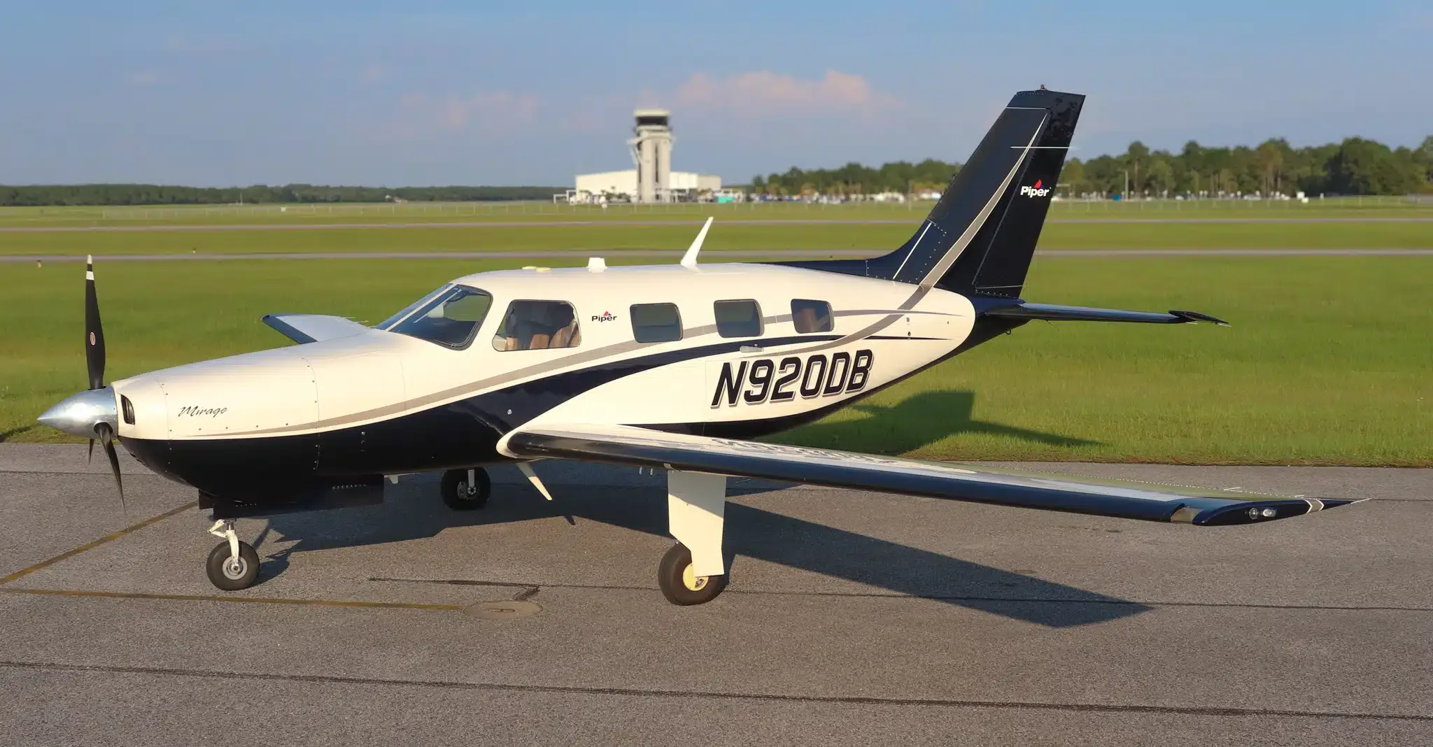 Exterior view of a 1983 Piper Turbo Saratoga, N4299X.