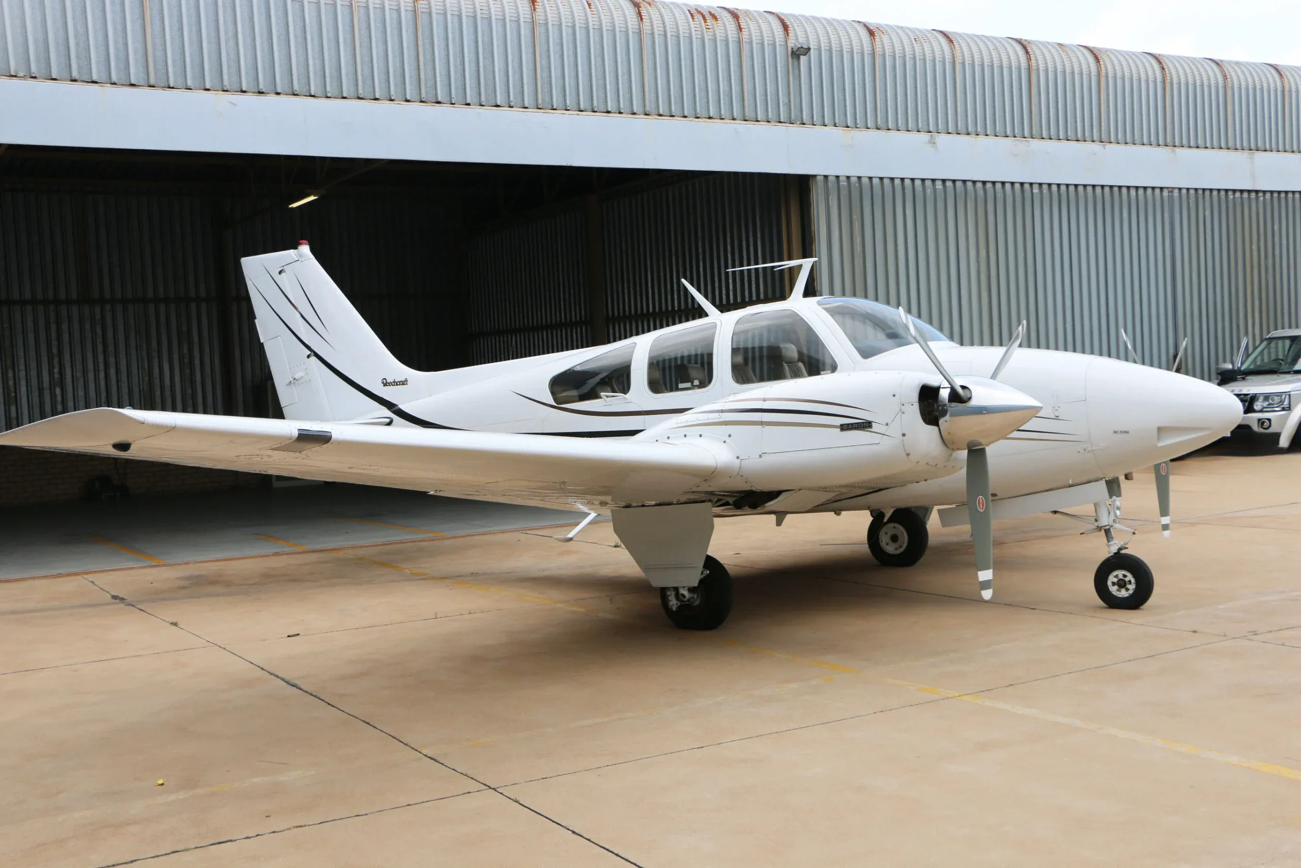 Exterior view of a 1970 Beechcraft Baron B55.