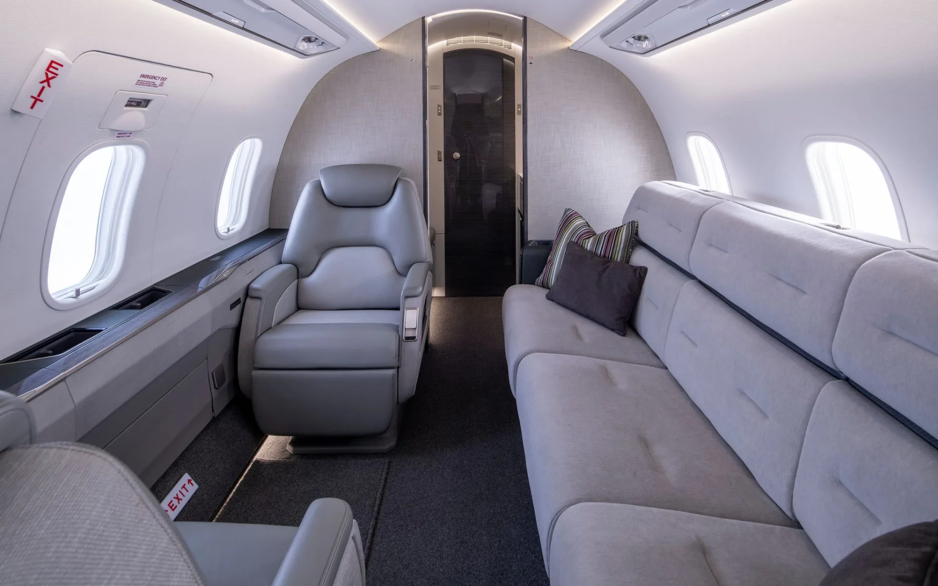 Cabin interior of a 2022 Bombardier challenger 350.