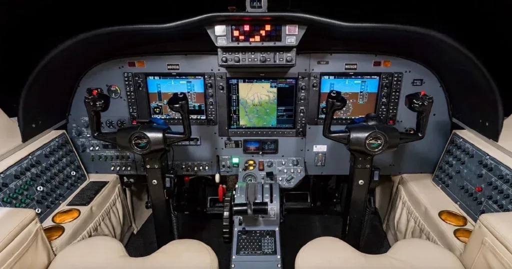 Cockpit and instrument panel of a 1997 Cessna Citation Jet 525.