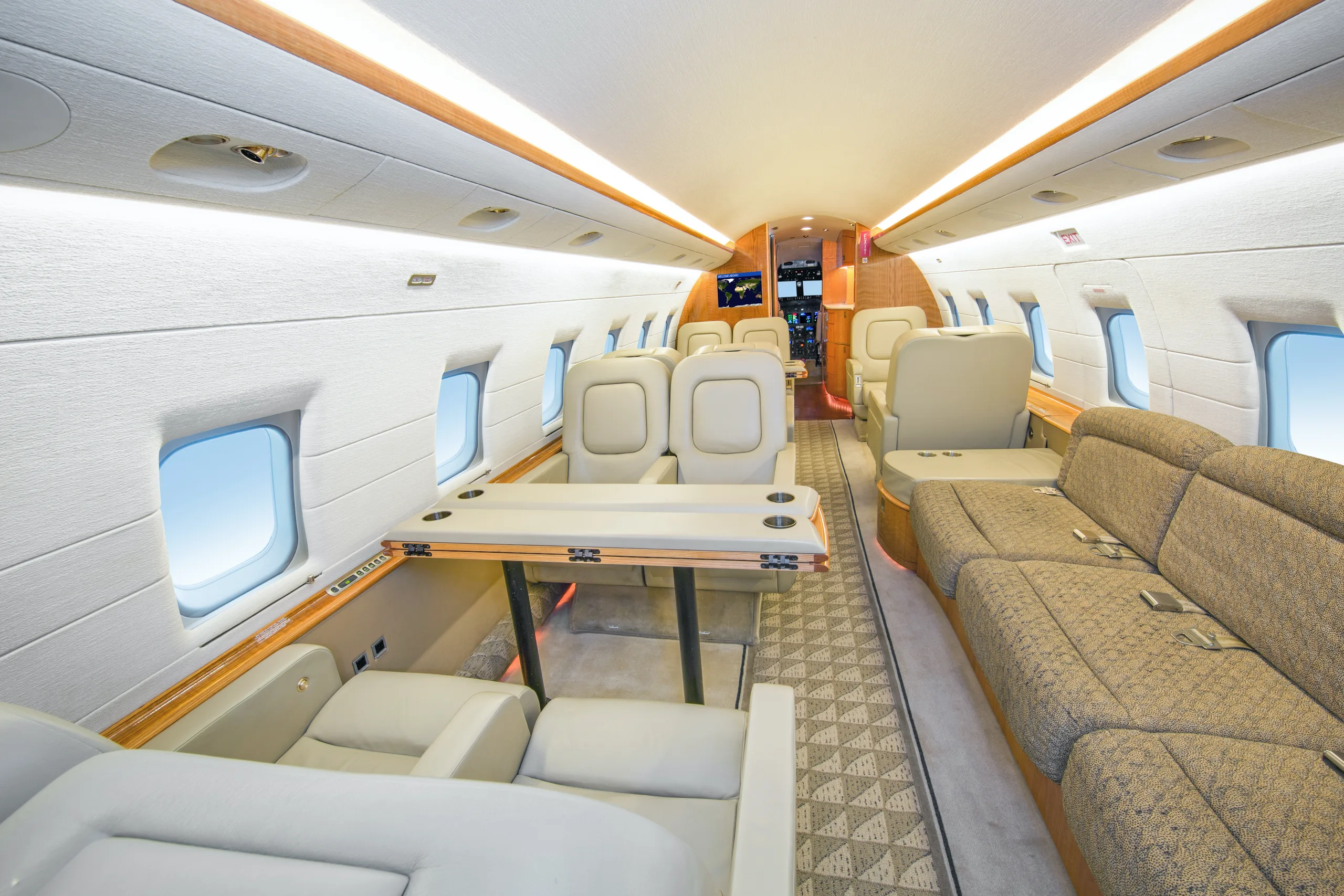 Cabin interior of a 1998 Bombardier Canadair Challenger 604.