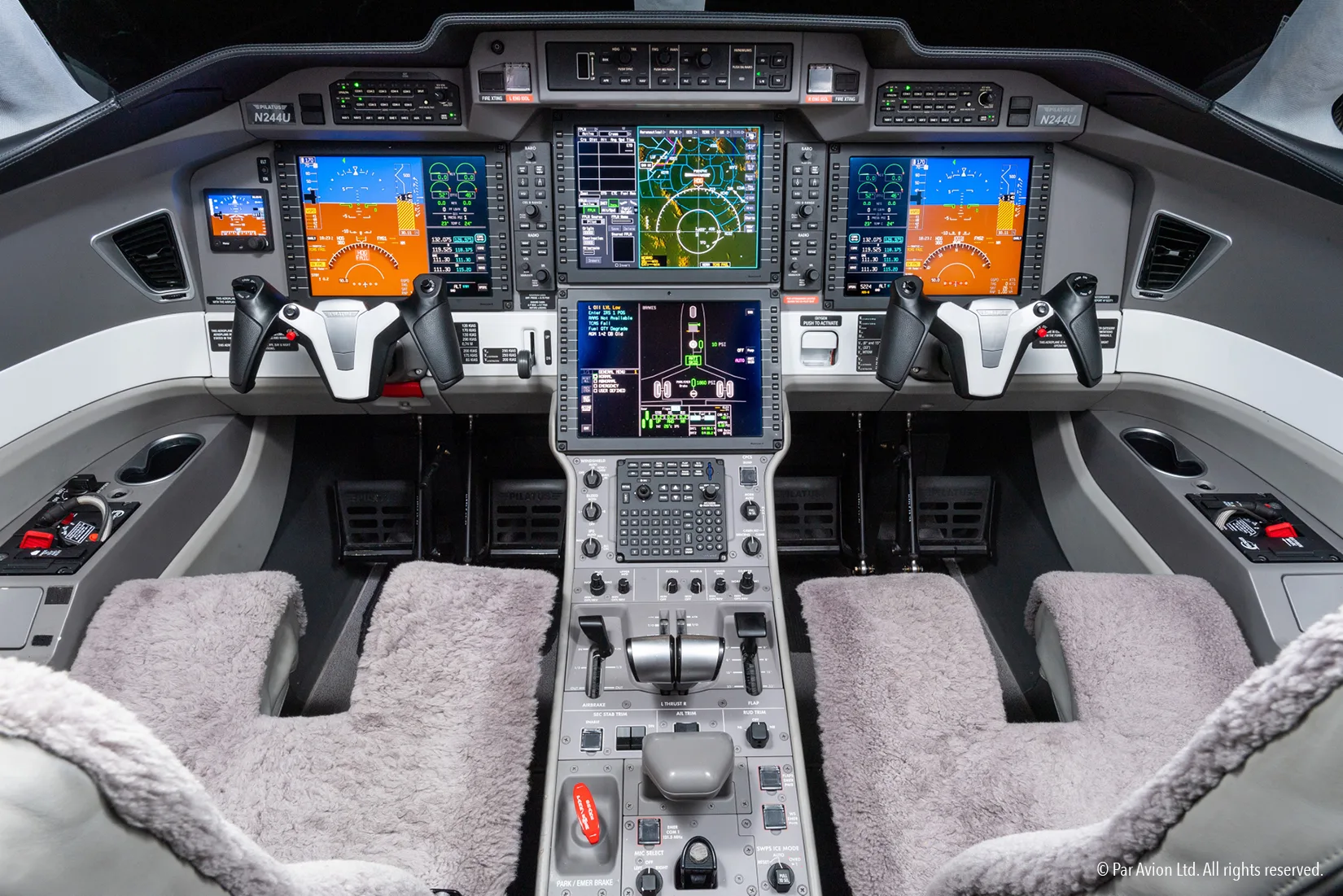 Cockpit and instrument panel of a 2020 Pilatus.