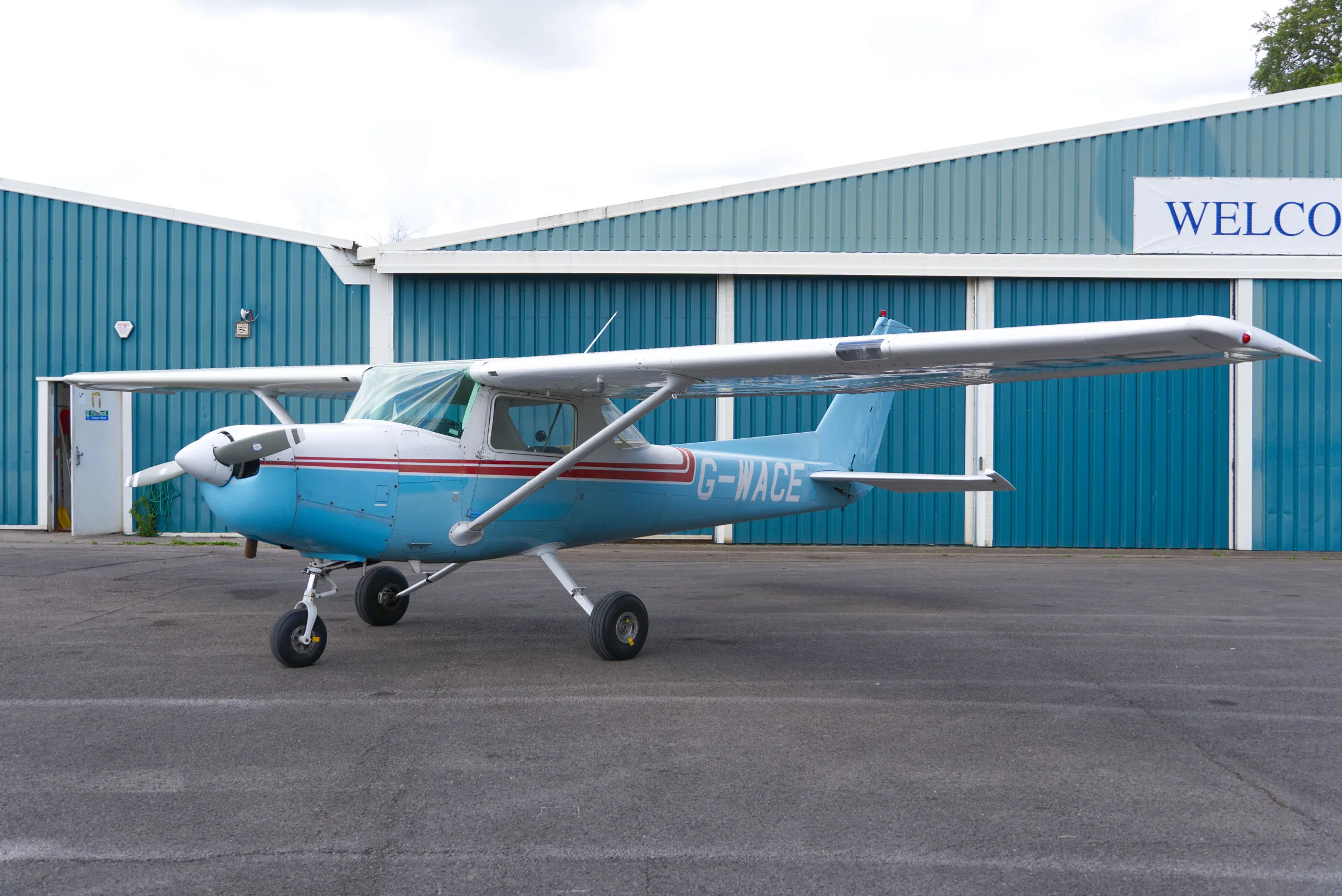 Exterior view of a 1986 Cessna 152, G-WACE.
