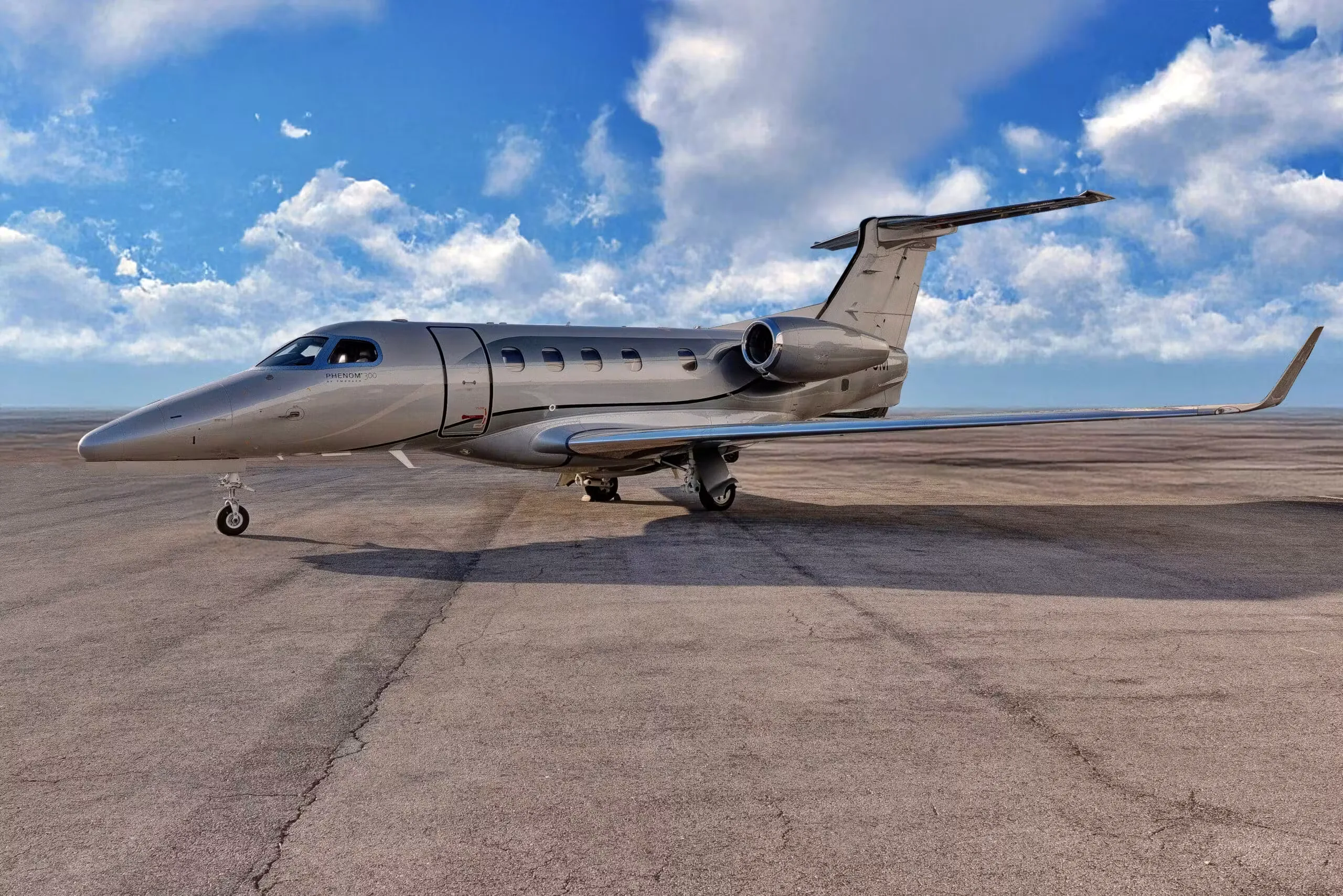 Exterior view of a 2015 Embraer Phenom 300.