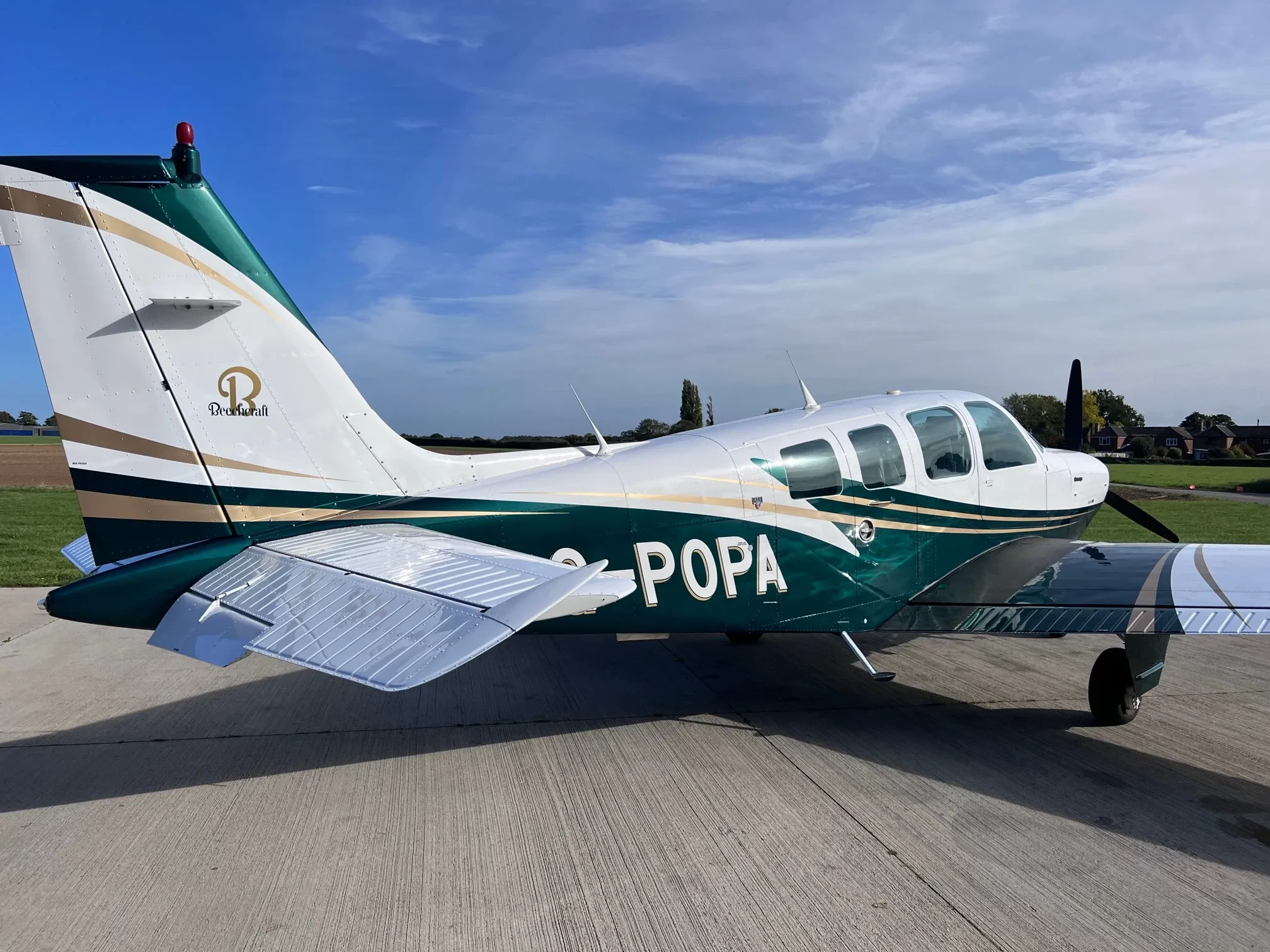 Exterior view of a 1984 Beech Piston A36, G-POPA.