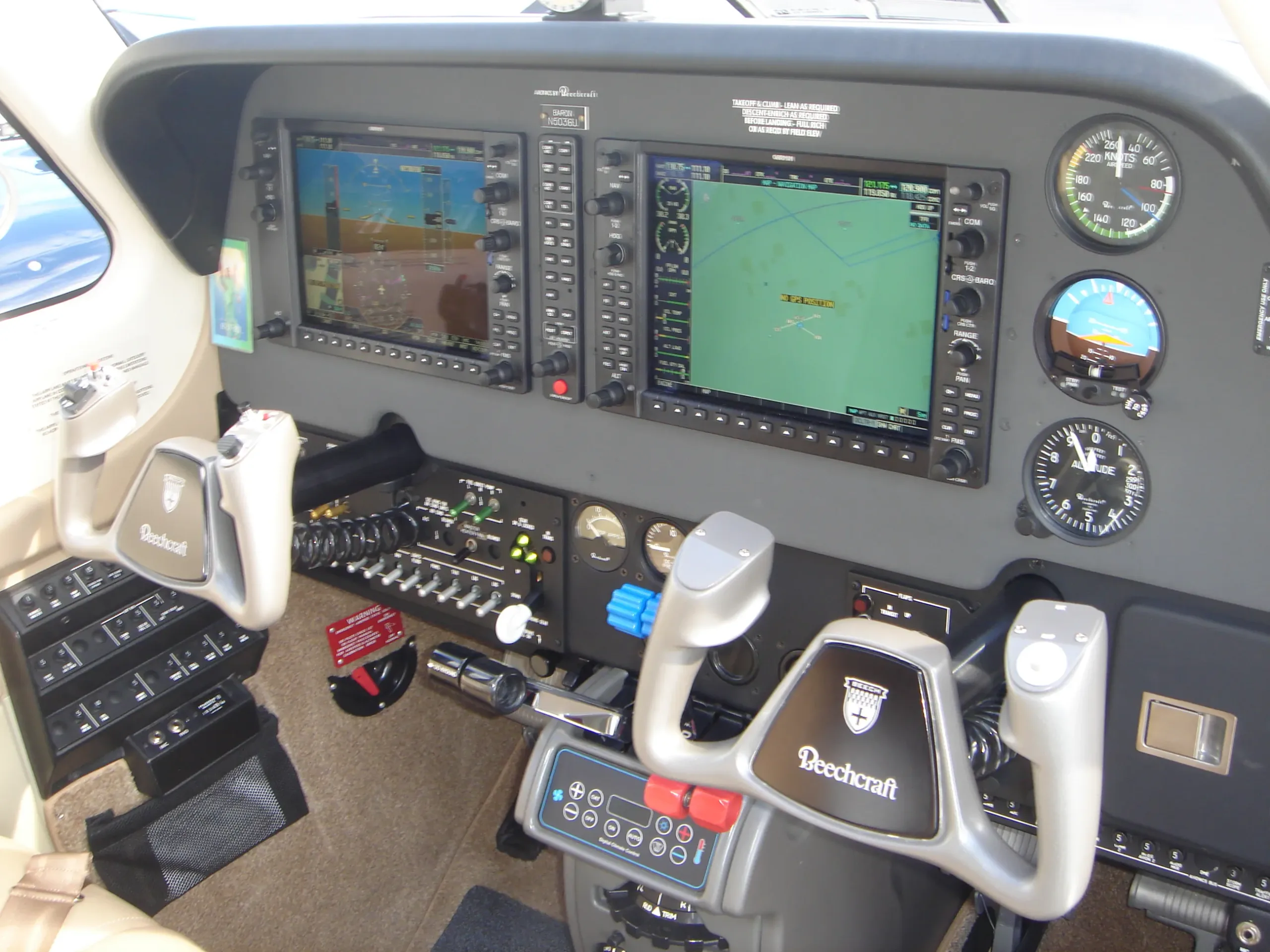 Cockpit and instrument panel of a 2013 Beechcraft Baron G58.