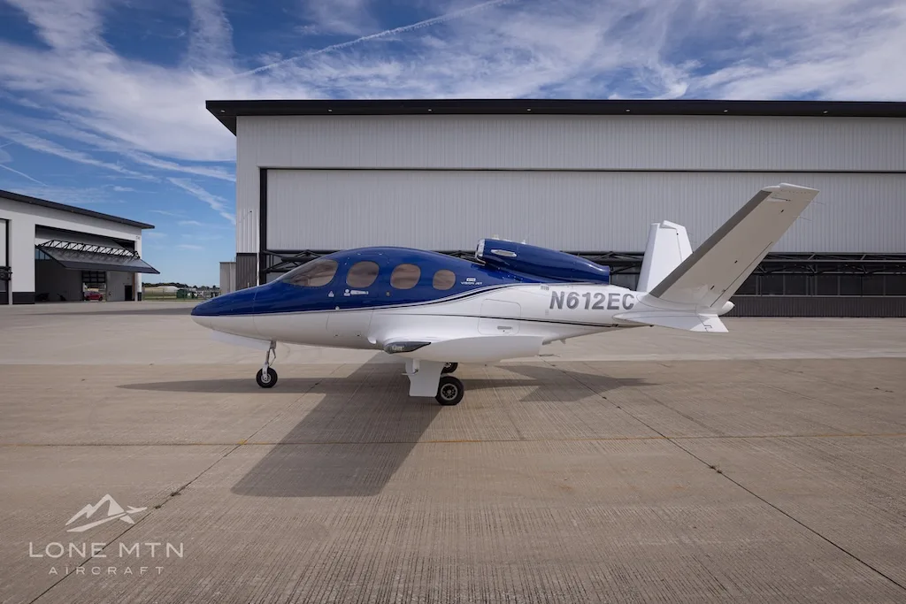 Exterior view of a 2020 Cirrus SF50 G2+ Vision Jet, N612EC.