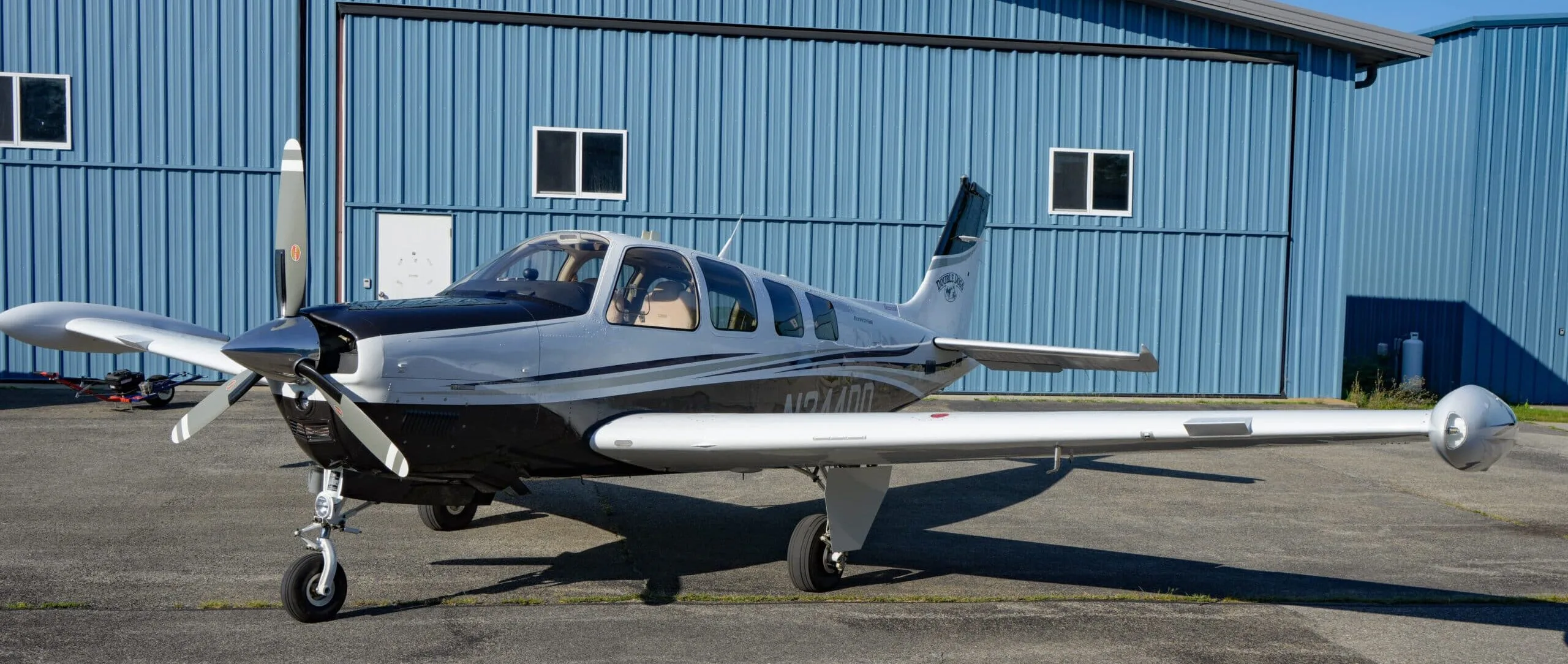 Exterior view of a 1980 Beechcraft Bonanza A36TC, N3807X.