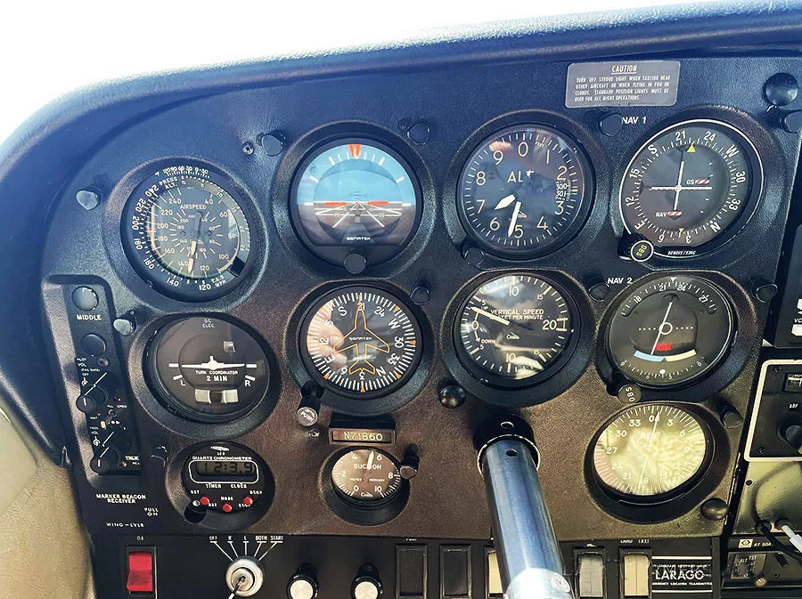 Cockpit and instrument panel of a 1969 Cessna 182M Skylane.