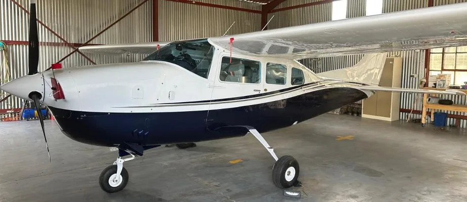 Exterior view of a 1969 Cessna, T-210J.