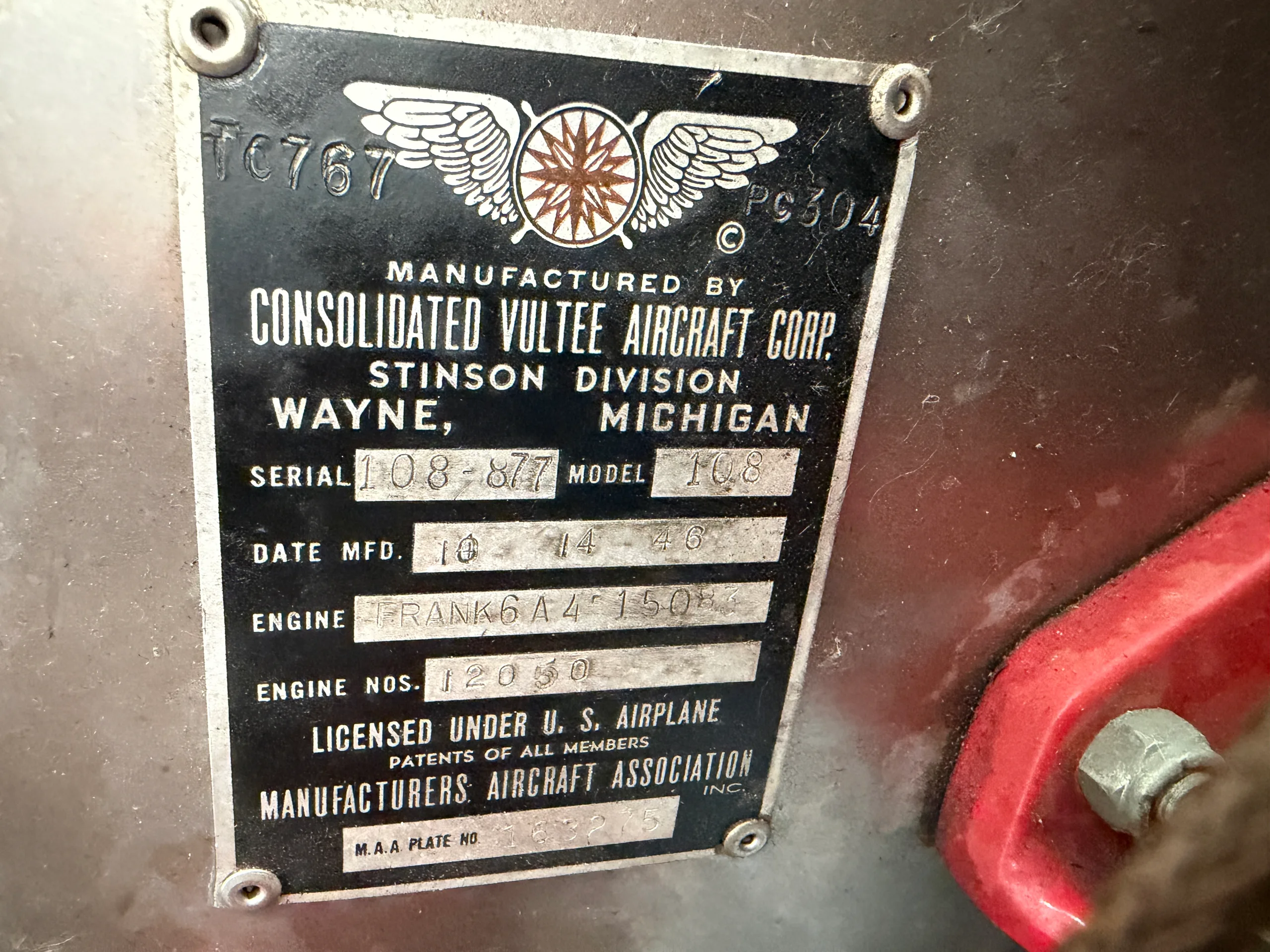 Engine detail of a 1946 Stinson 108-1 Voyager.