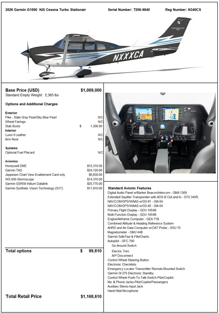 Specification or layout diagram for a 2026 CESSNA TURBO 206H STATIONAIR HD.