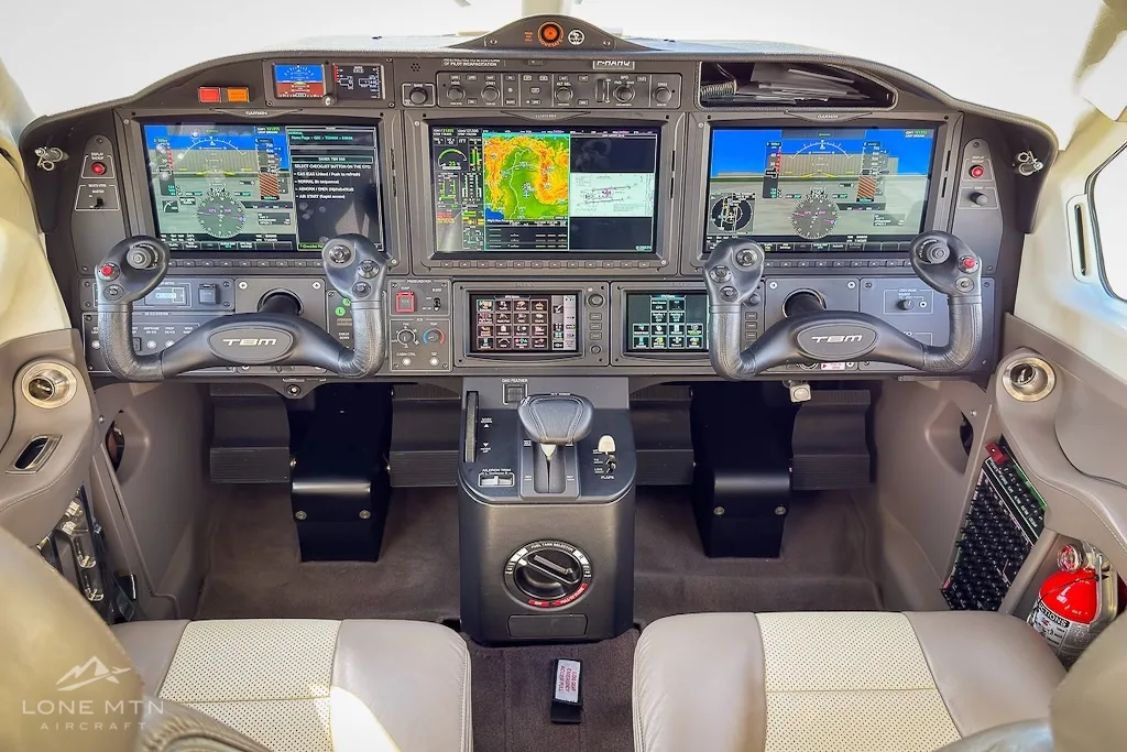 Cockpit and instrument panel of a 2022 Daher TBM 960.