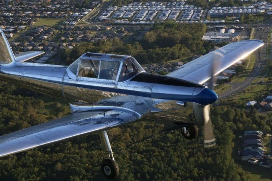 Exterior view of a 1951 de Havilland DHC-1, VH-DBS.
