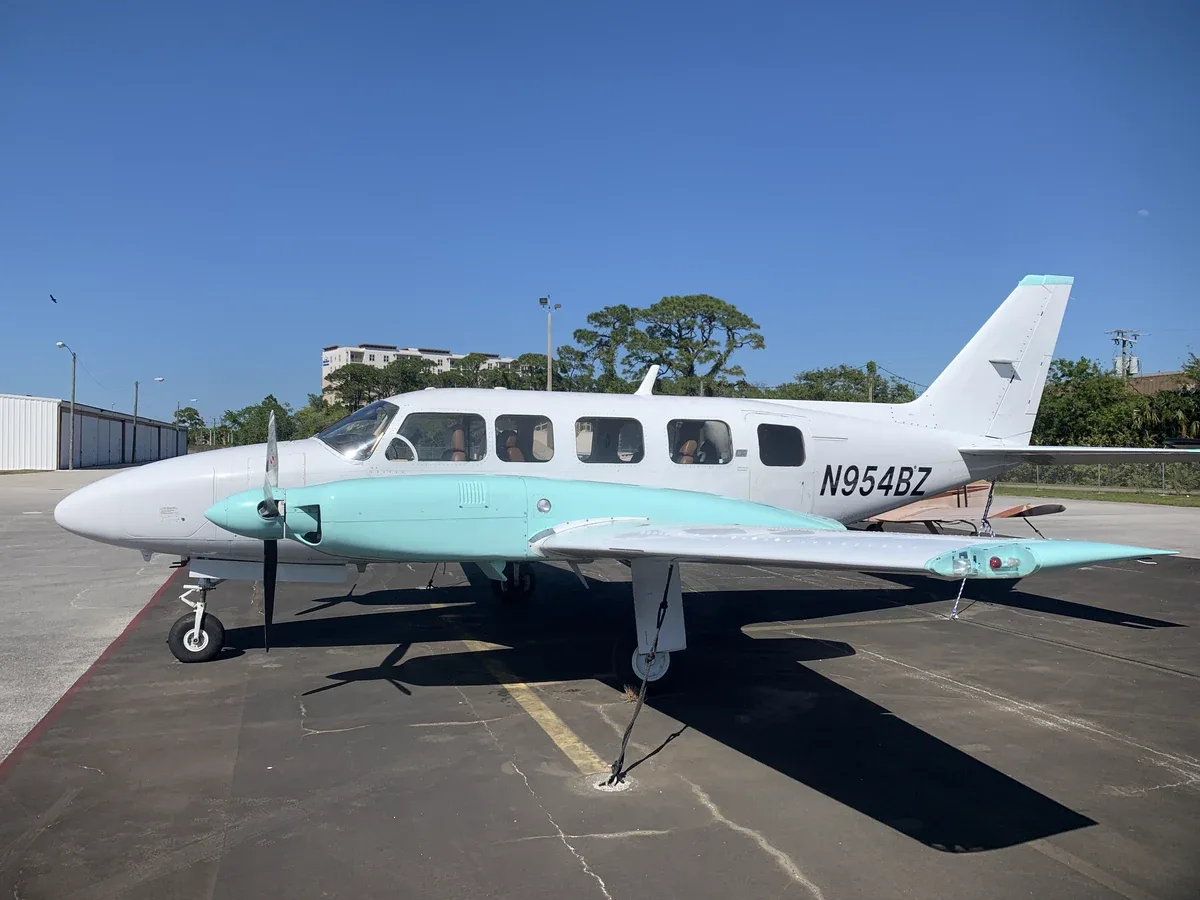 Exterior view of a 1978 Piper Navajo Chieftain, N954BZ.