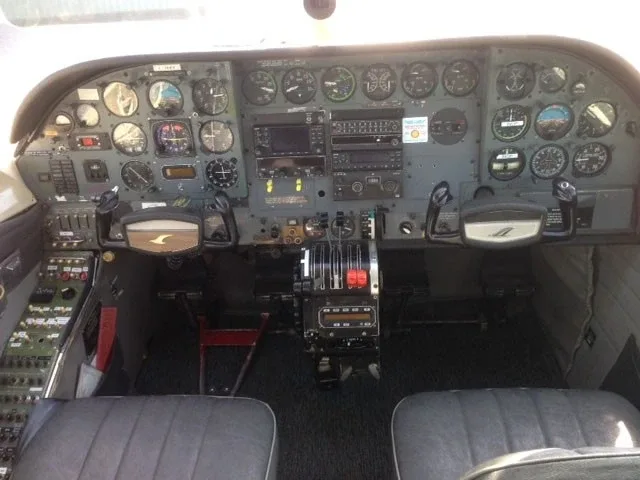 Cockpit and instrument panel of a 1971 Cessna 402B.