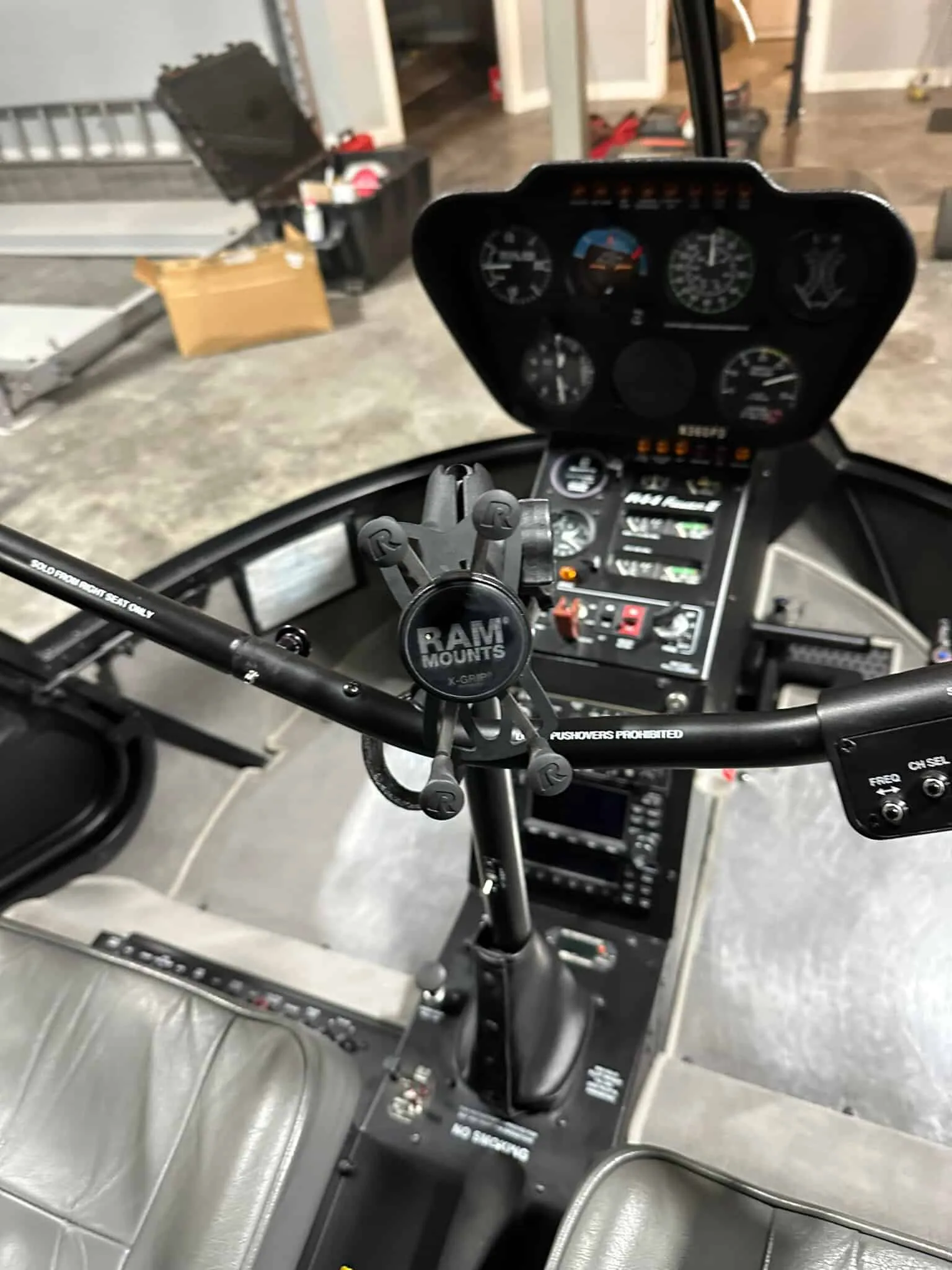 Cockpit and instrument panel of a 2010 Robinson R44 II.