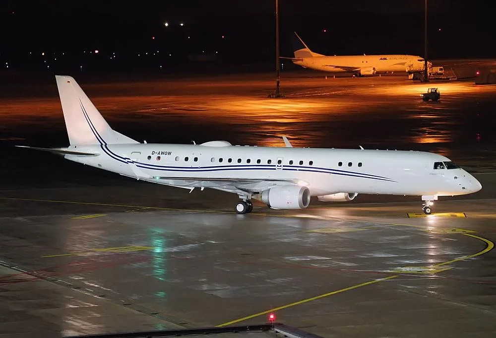 Exterior view of a 2018 Embraer Lineage 1000, D-AWOW.