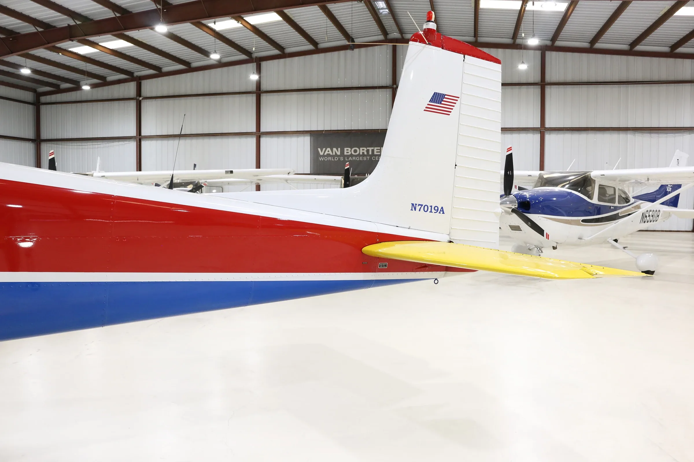 Exterior view of a 1956 Cessna 172, N7019A.