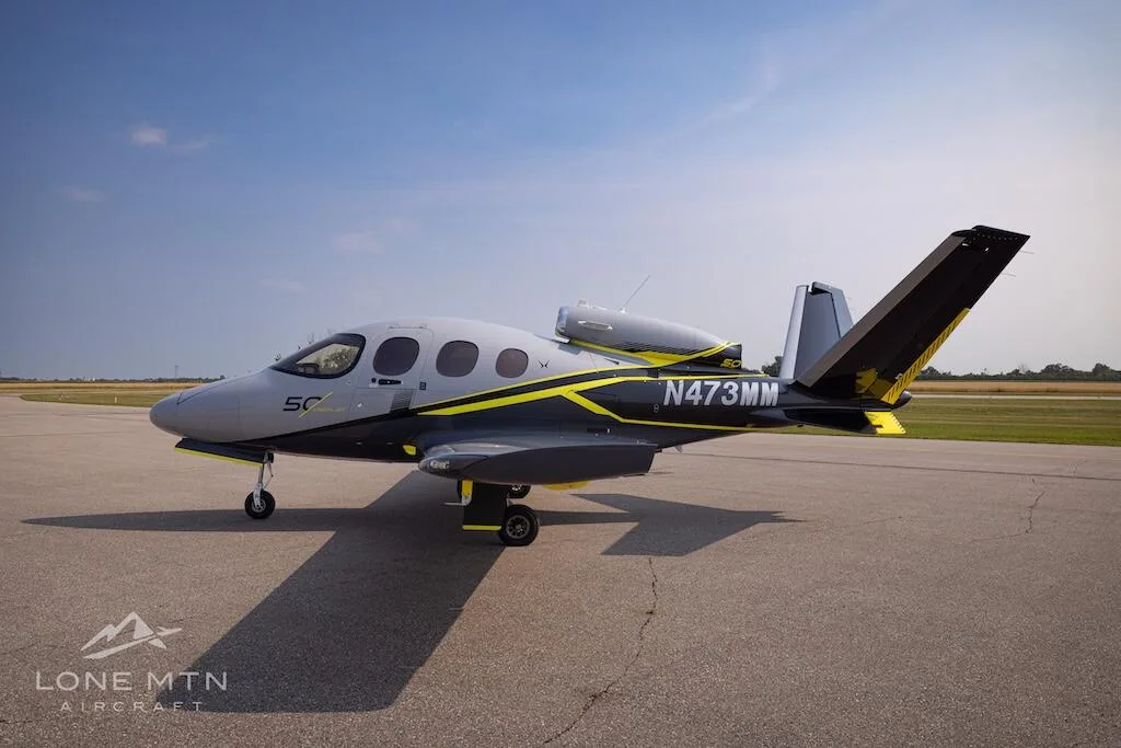 Exterior view of a 2019 Cirrus SF50 G2 Vision Jet.