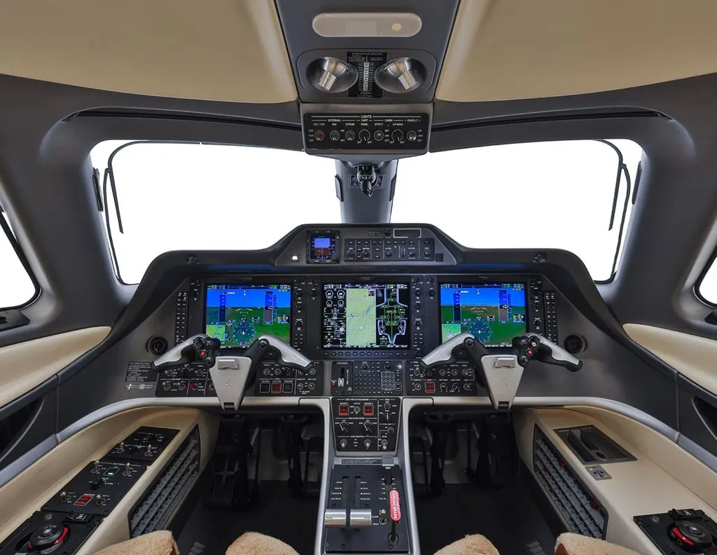 Cockpit and instrument panel of a 2015 Embraer Phenom 300.