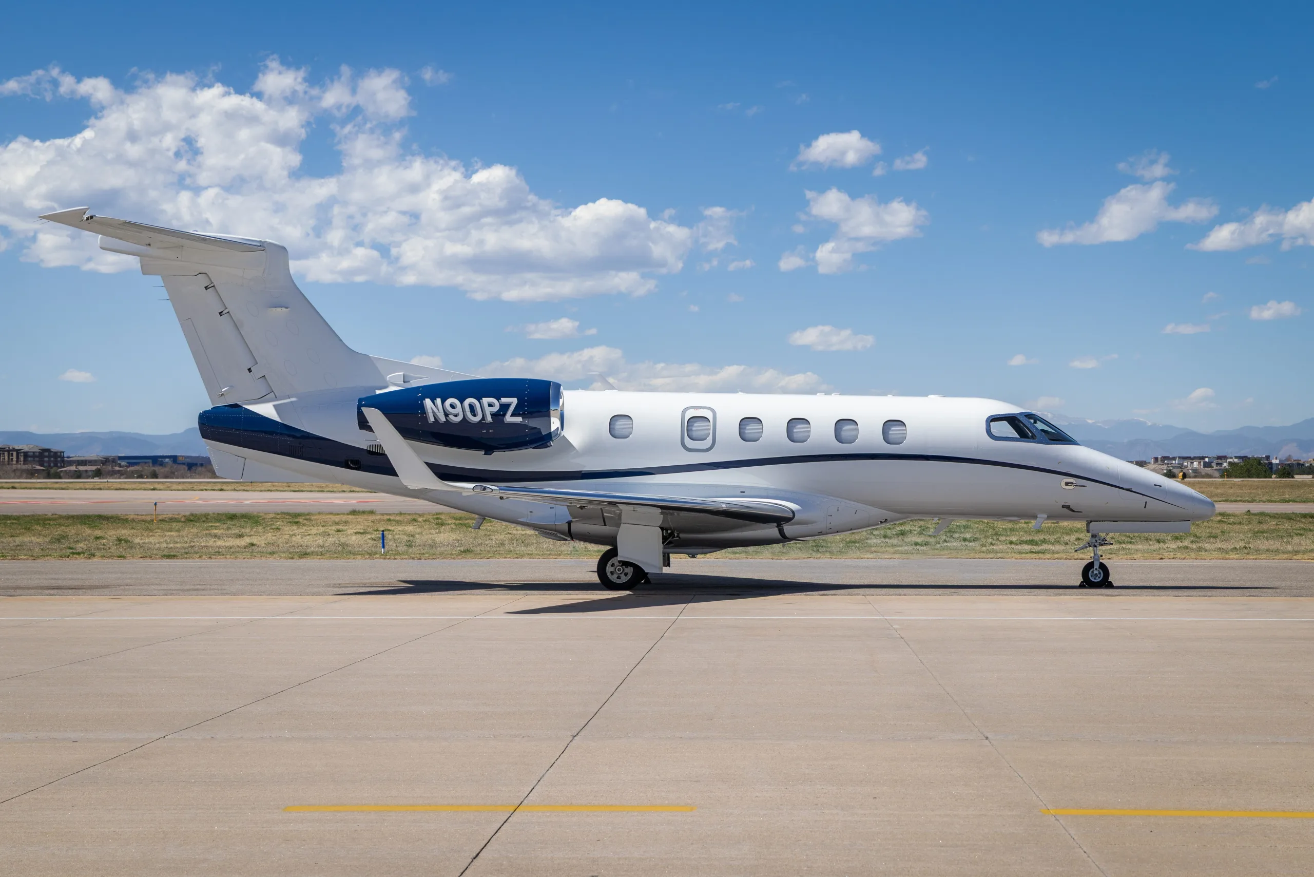 Exterior view of a 2019 Embraer Phenom 300E.